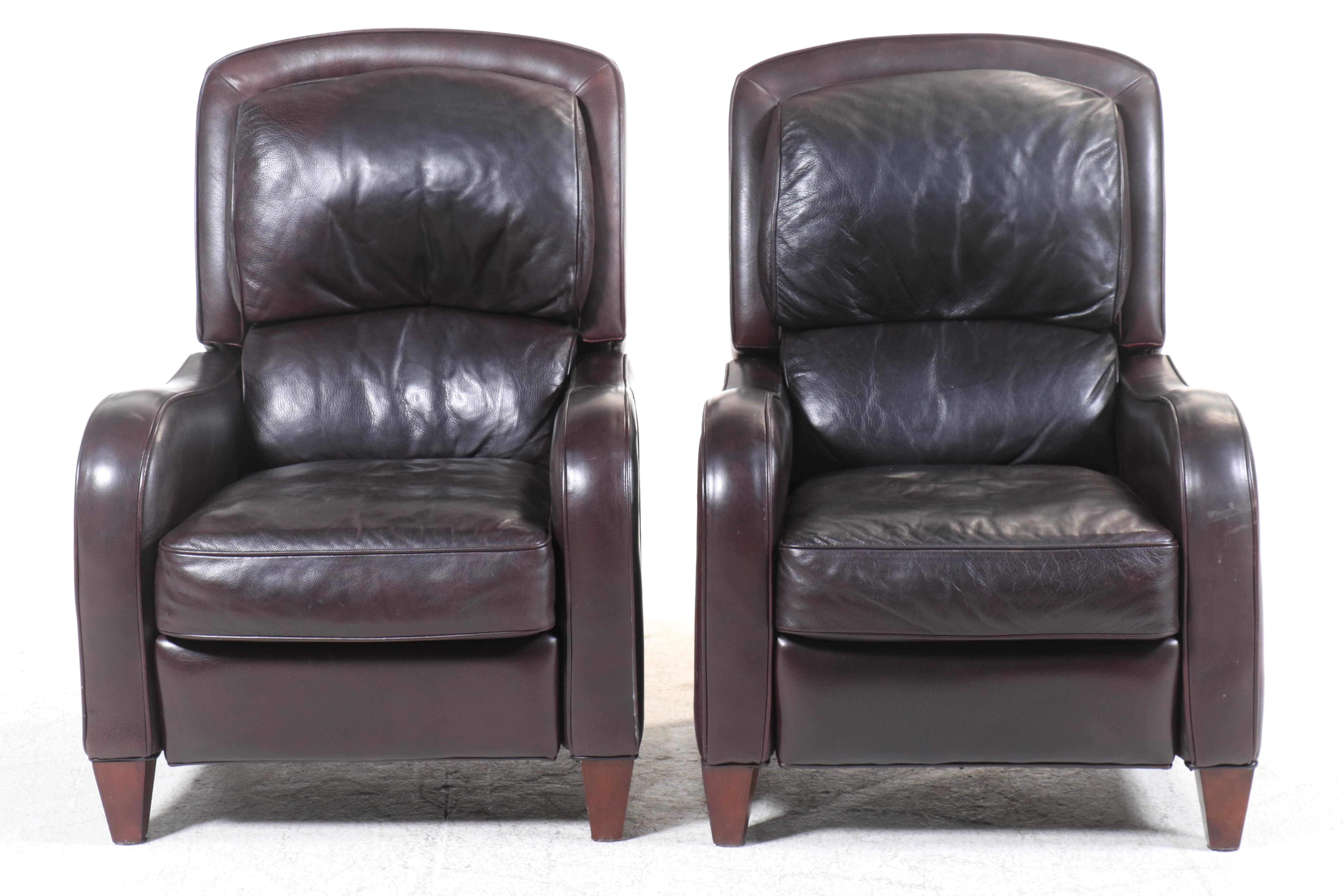 Pair of Arhaus Contemporary Brown Leather Upholstered Reclining Armchairs