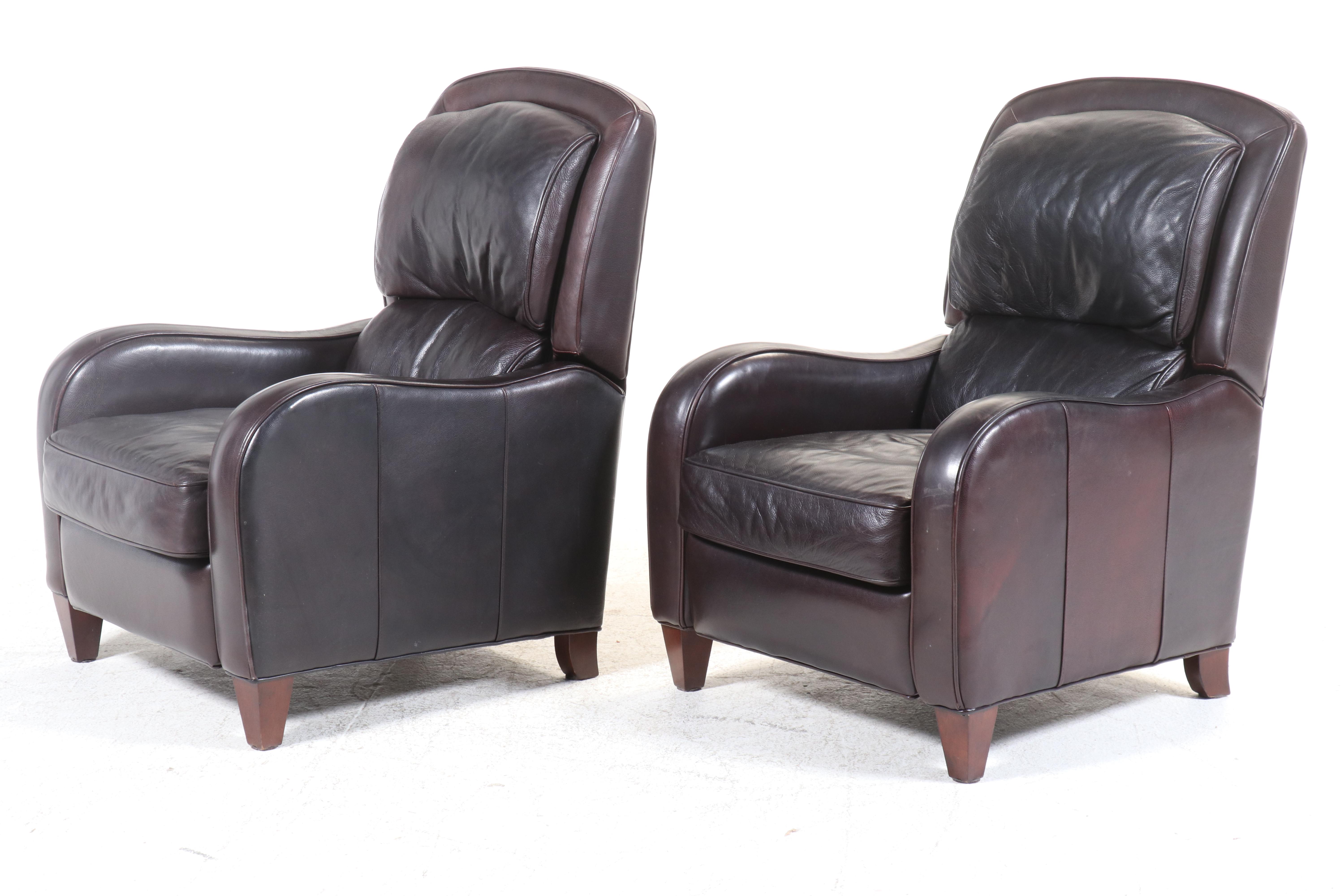 Pair of Arhaus Contemporary Brown Leather Upholstered Reclining Armchairs