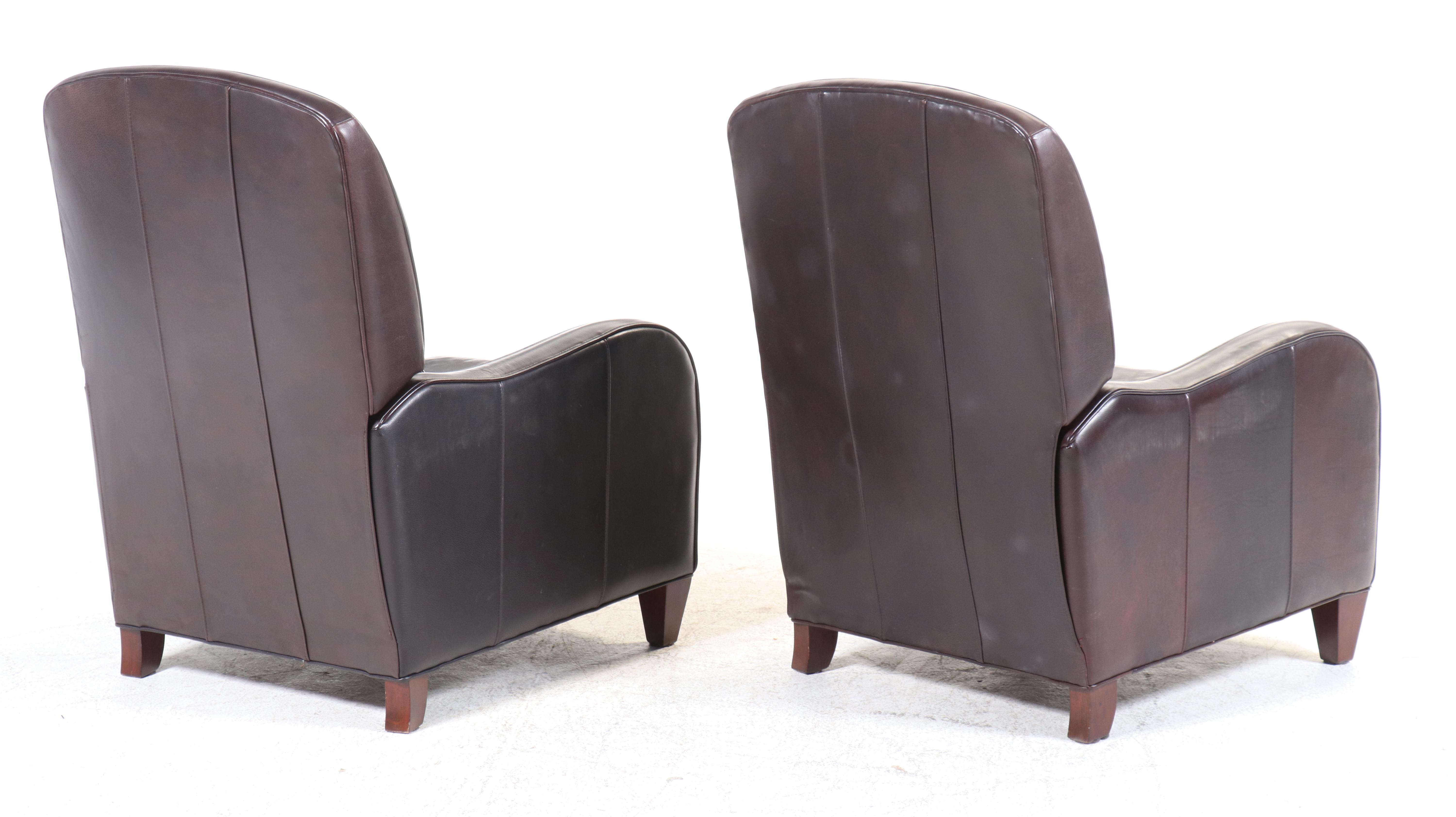 Pair of Arhaus Contemporary Brown Leather Upholstered Reclining Armchairs
