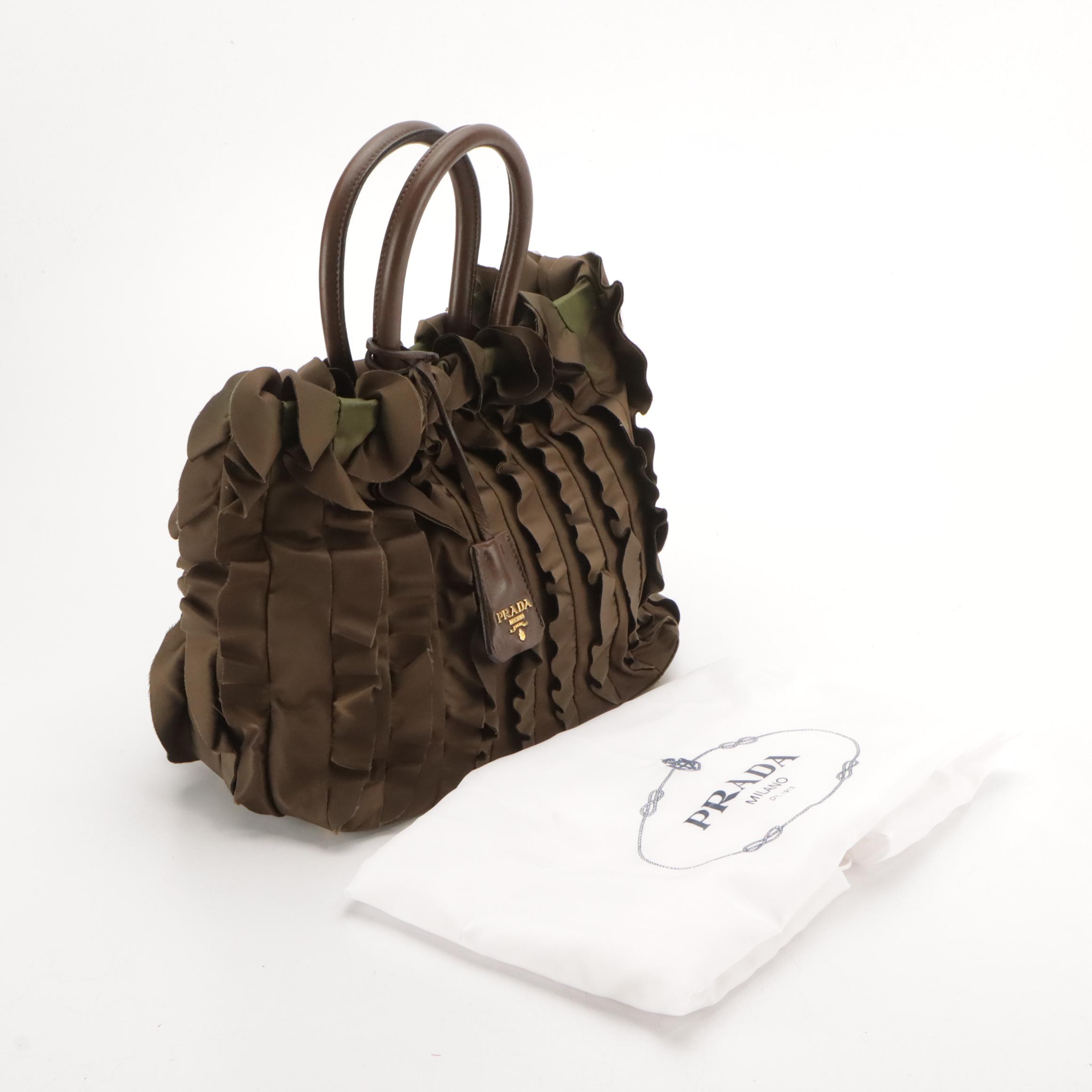 Prada Small Ruffle Tote Bag BN1728 in Bruciato Nylon with Leather Trim