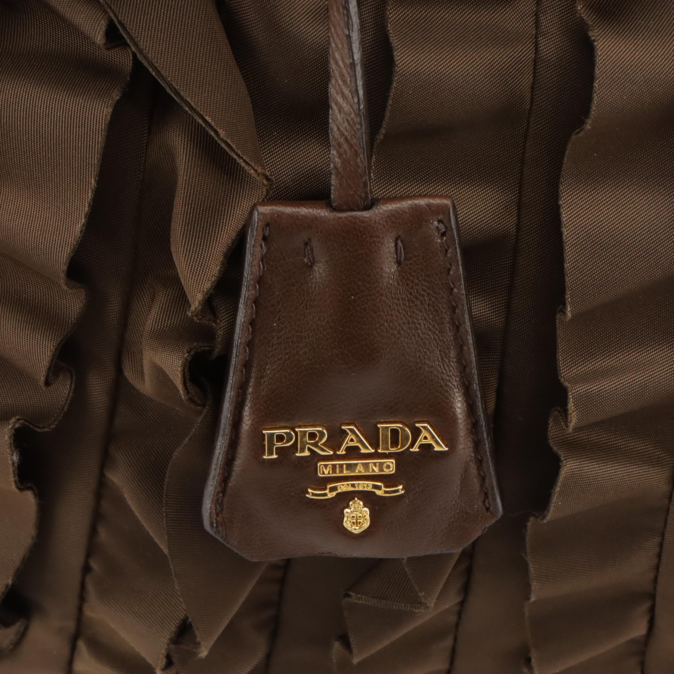 Prada Small Ruffle Tote Bag BN1728 in Bruciato Nylon with Leather Trim