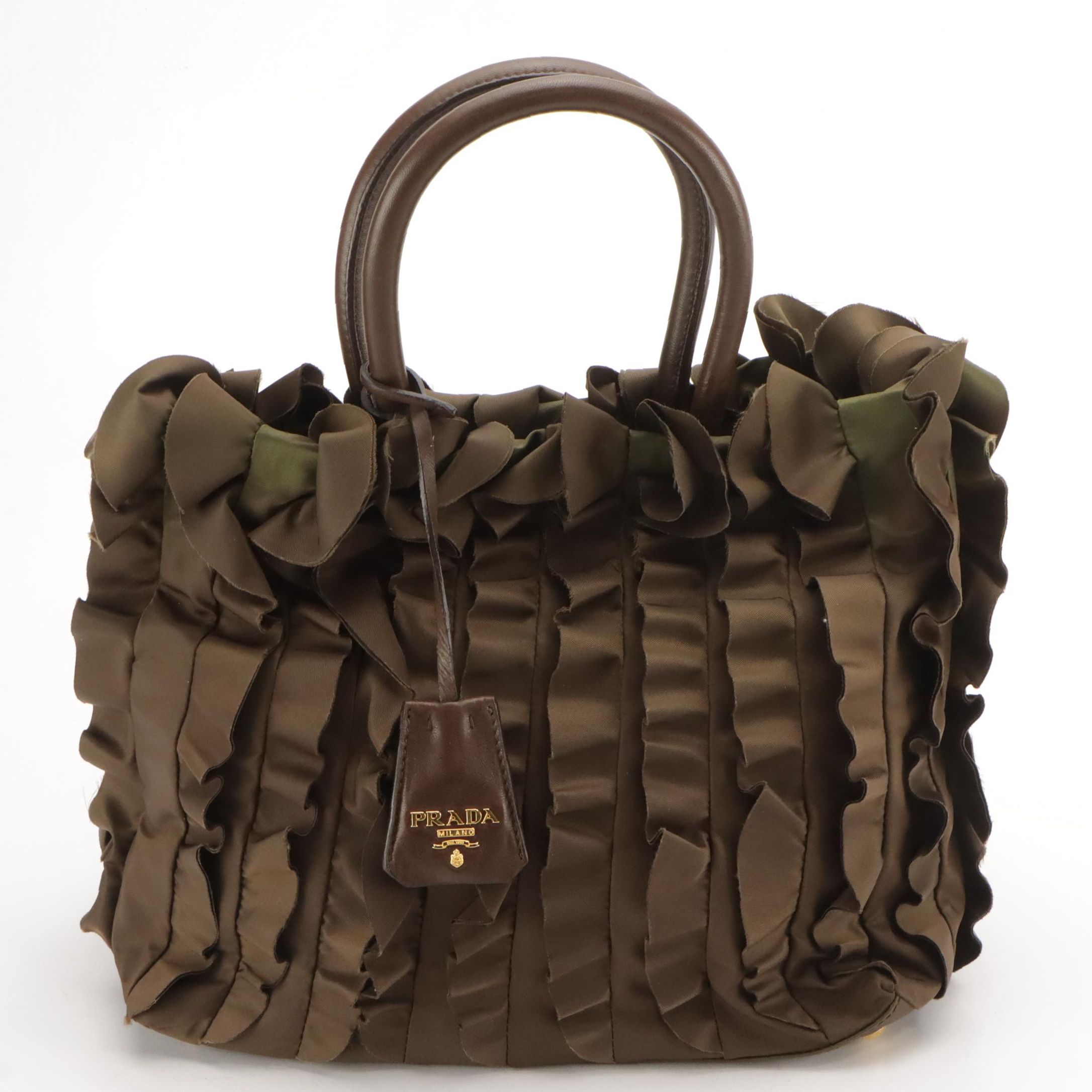 Prada Small Ruffle Tote Bag BN1728 in Bruciato Nylon with Leather Trim