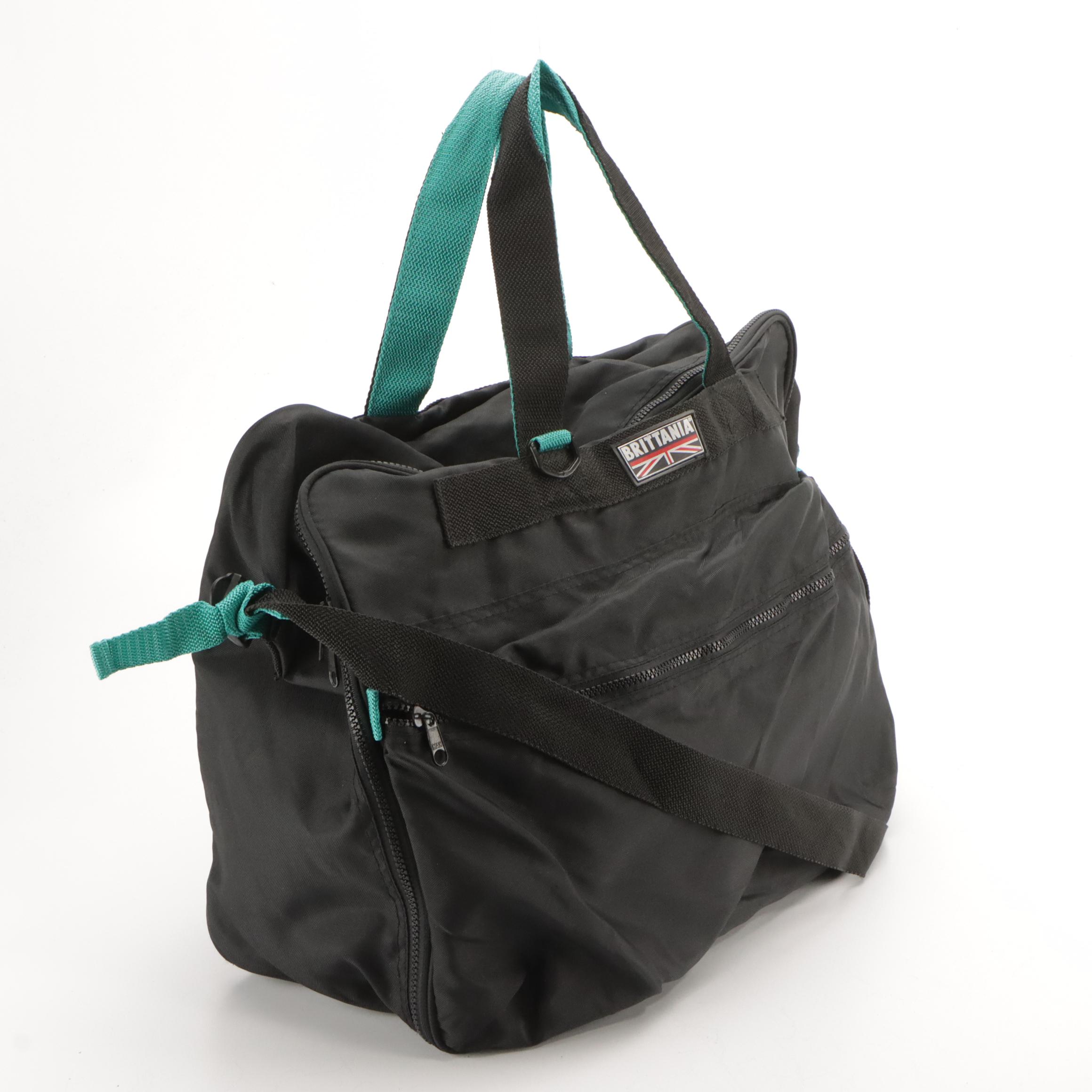 Britannia Travel Duffle Bag in Black Nylon Canvas and Blue Jacquard