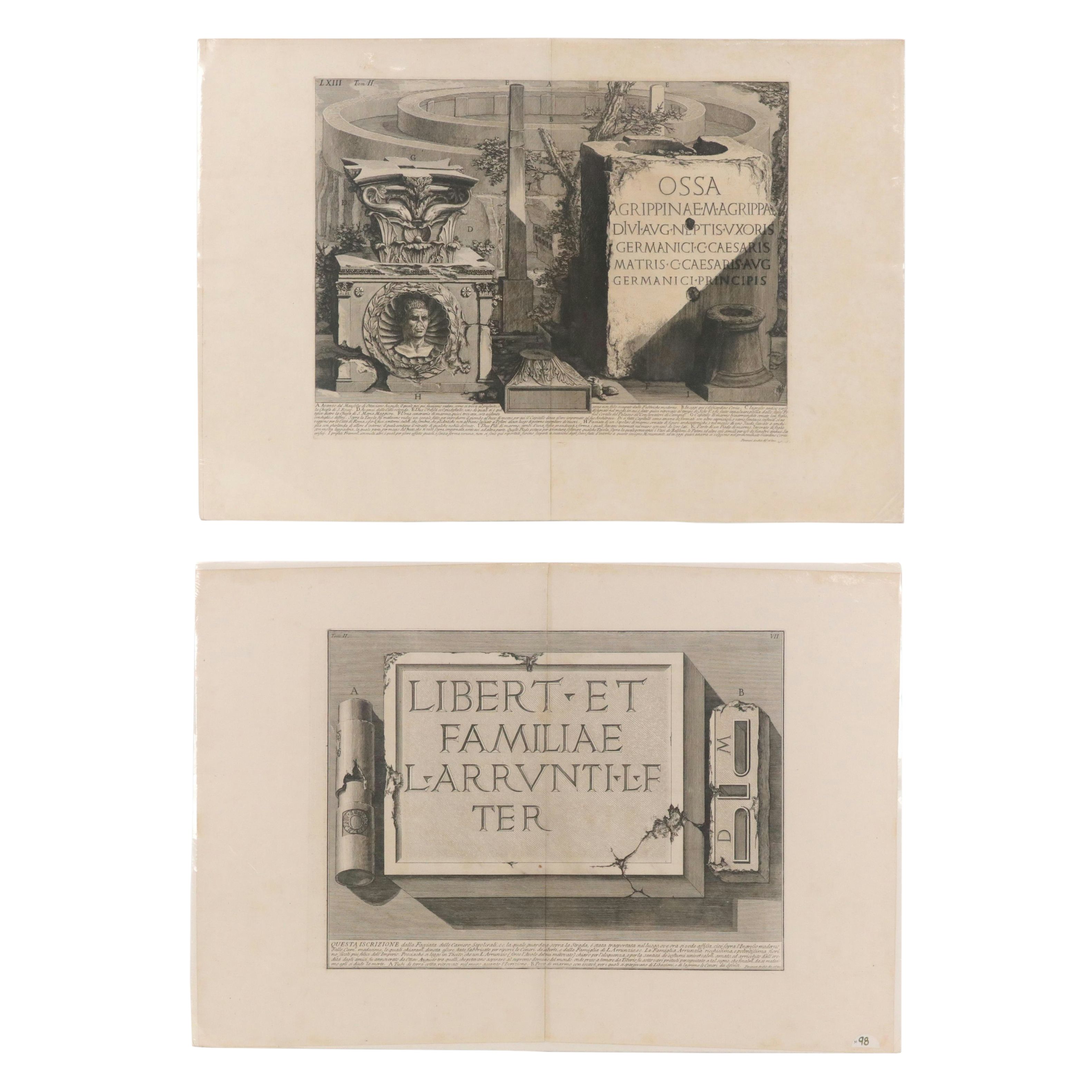 Two Engravings After Giovanni Battista Piranesi of Latin Antiquity Plaques