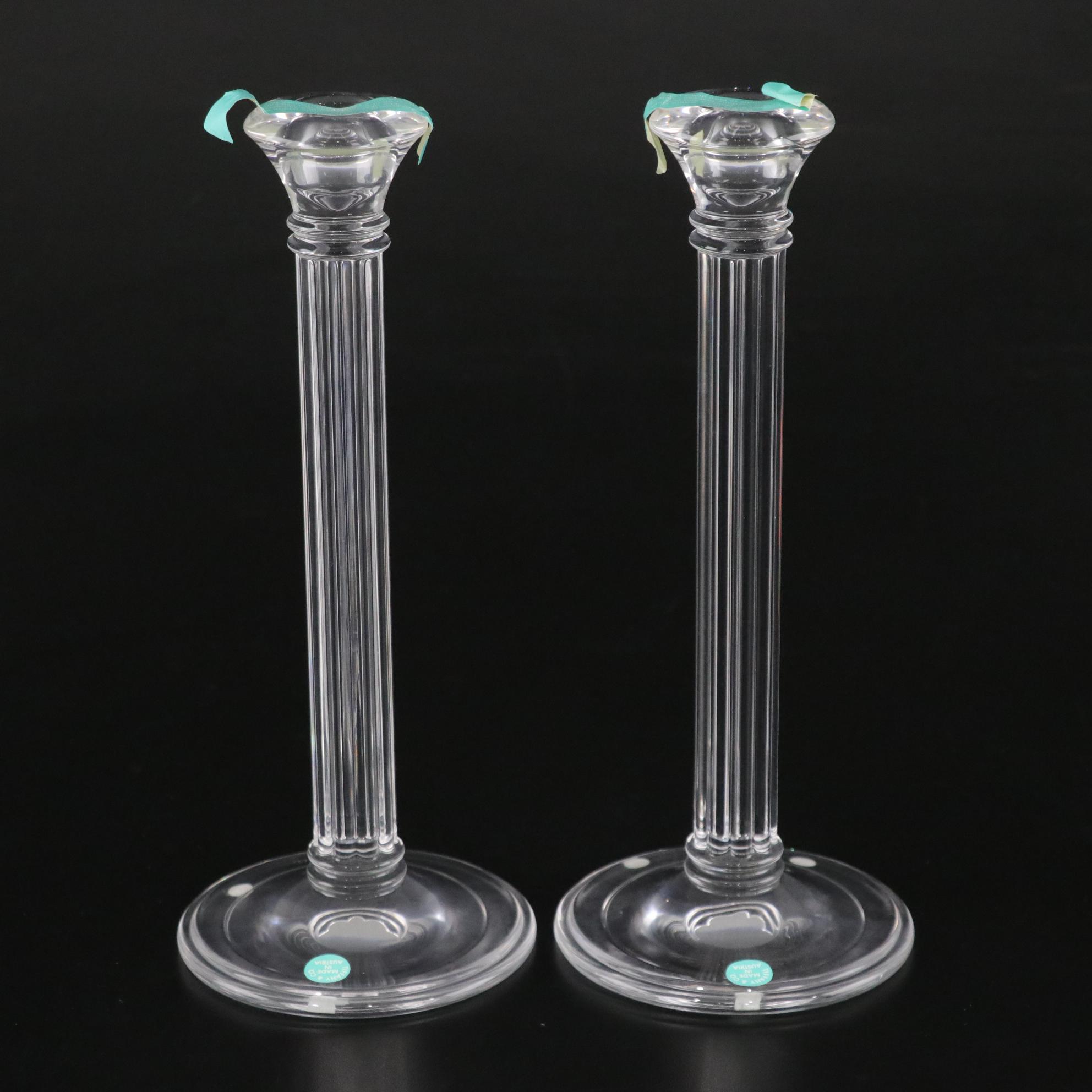 Tiffany & Co. Tall Column Design Pair of Crystal Candle Holders