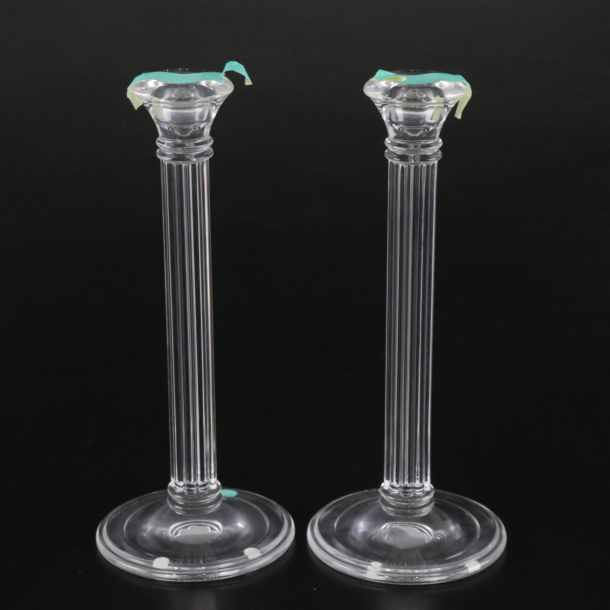 Tiffany & Co. Tall Column Design Pair of Crystal Candle Holders