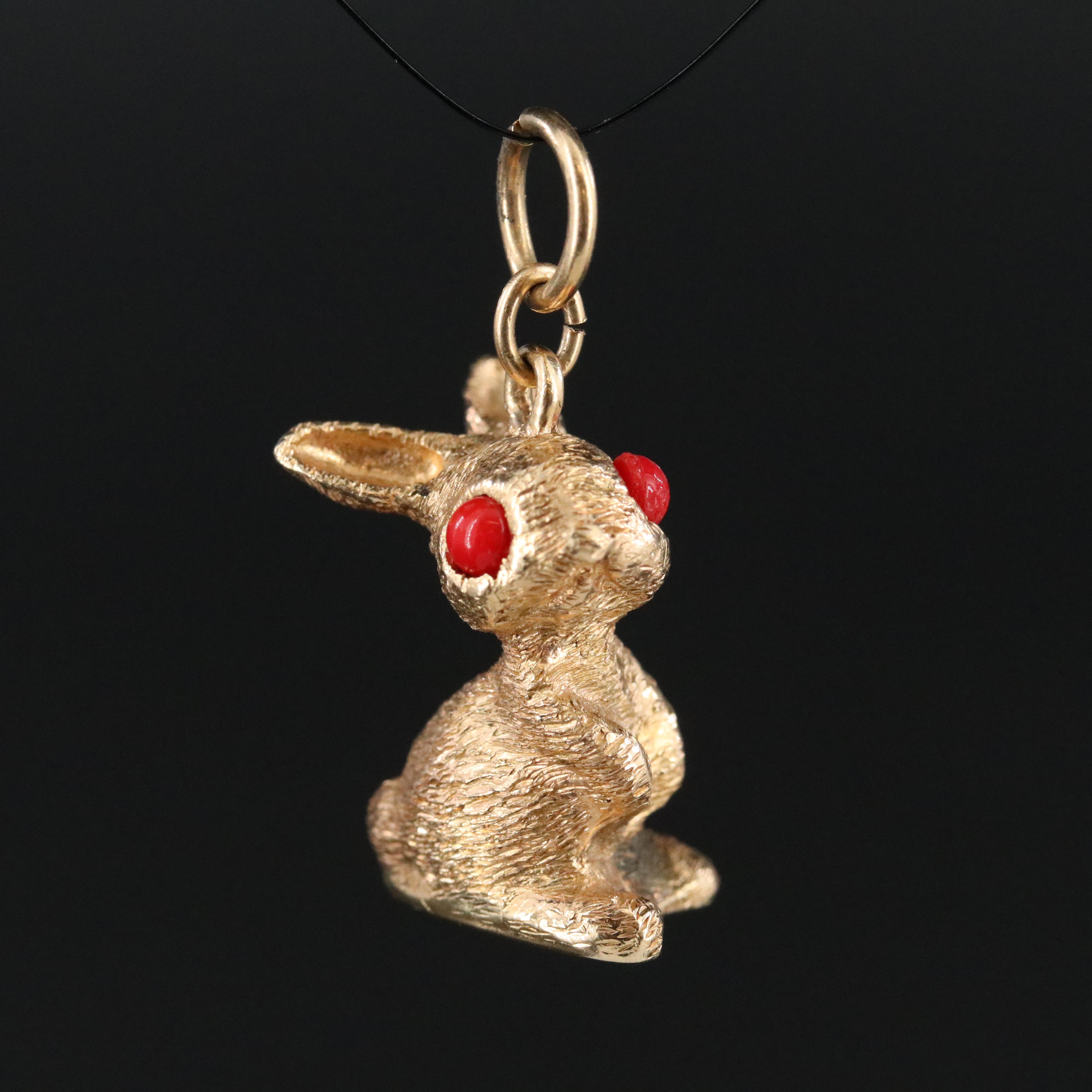 14K and Faux Coral Rabbit Charm Pendant