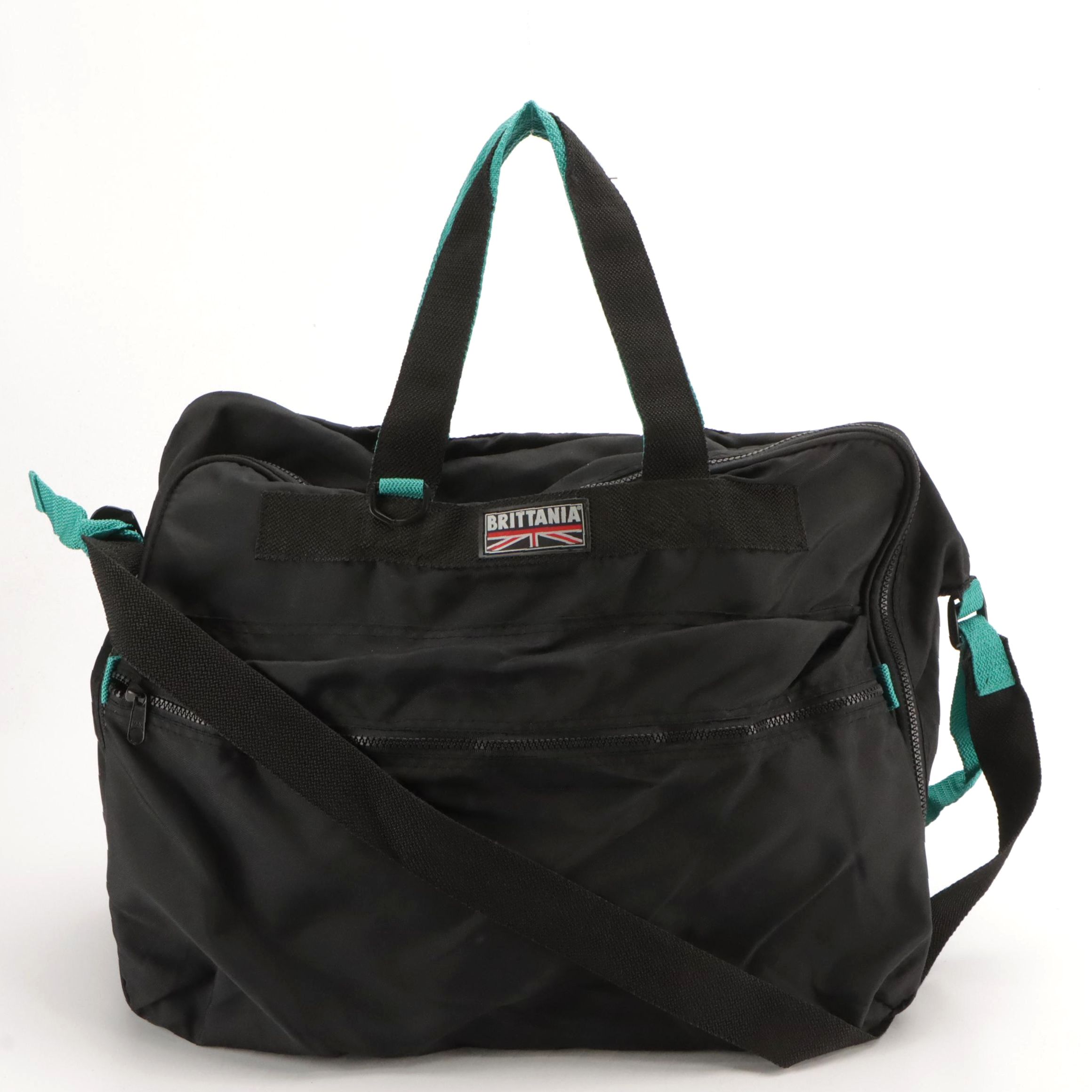 Britannia Travel Duffle Bag in Black Nylon Canvas and Blue Jacquard