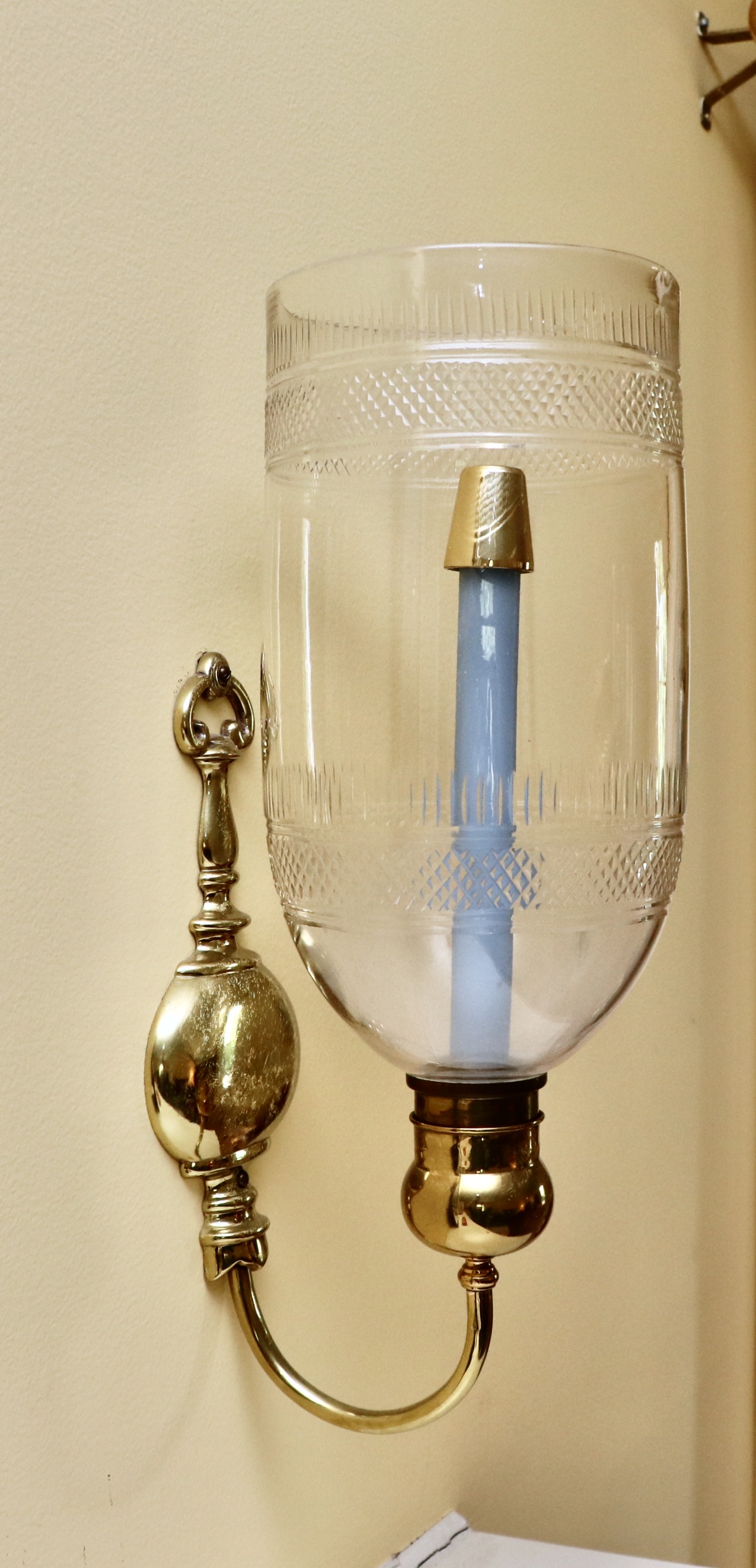 Dutch Baroque Style Brass Wall Sconces with Etched Glass Hurricanes