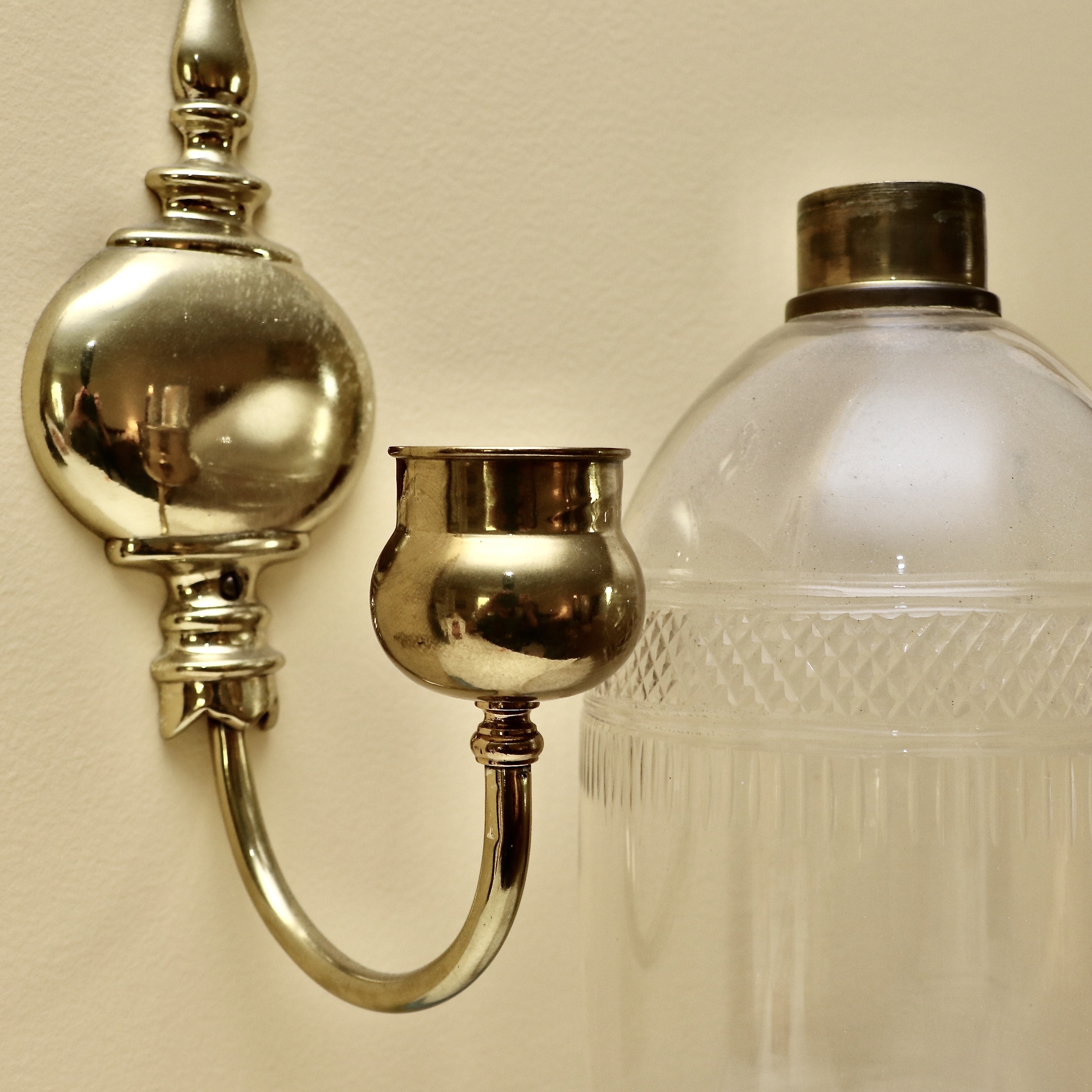 Dutch Baroque Style Brass Wall Sconces with Etched Glass Hurricanes
