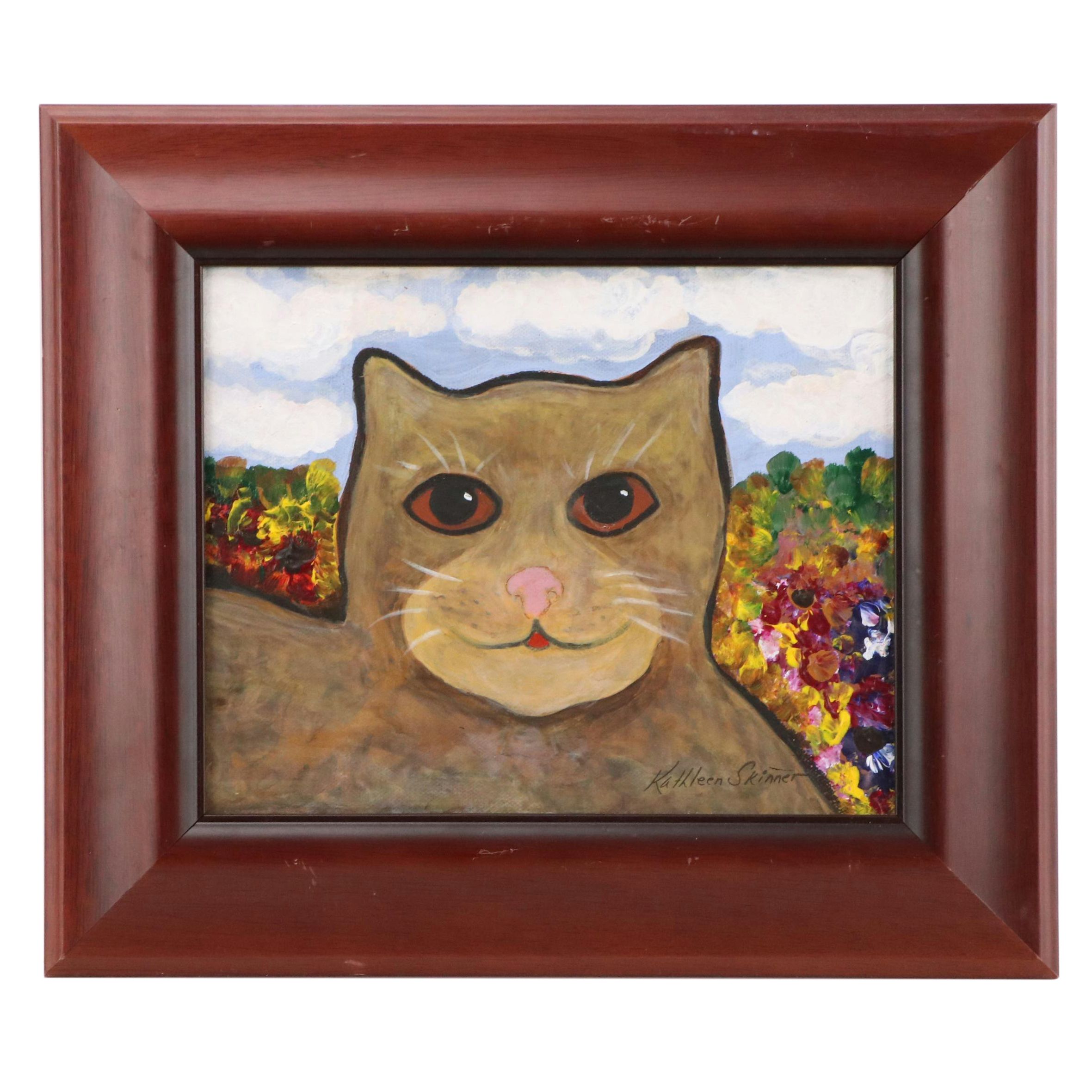 Kathleen Skinner Stylized Acrylic Painting of a Cat, 21st Century