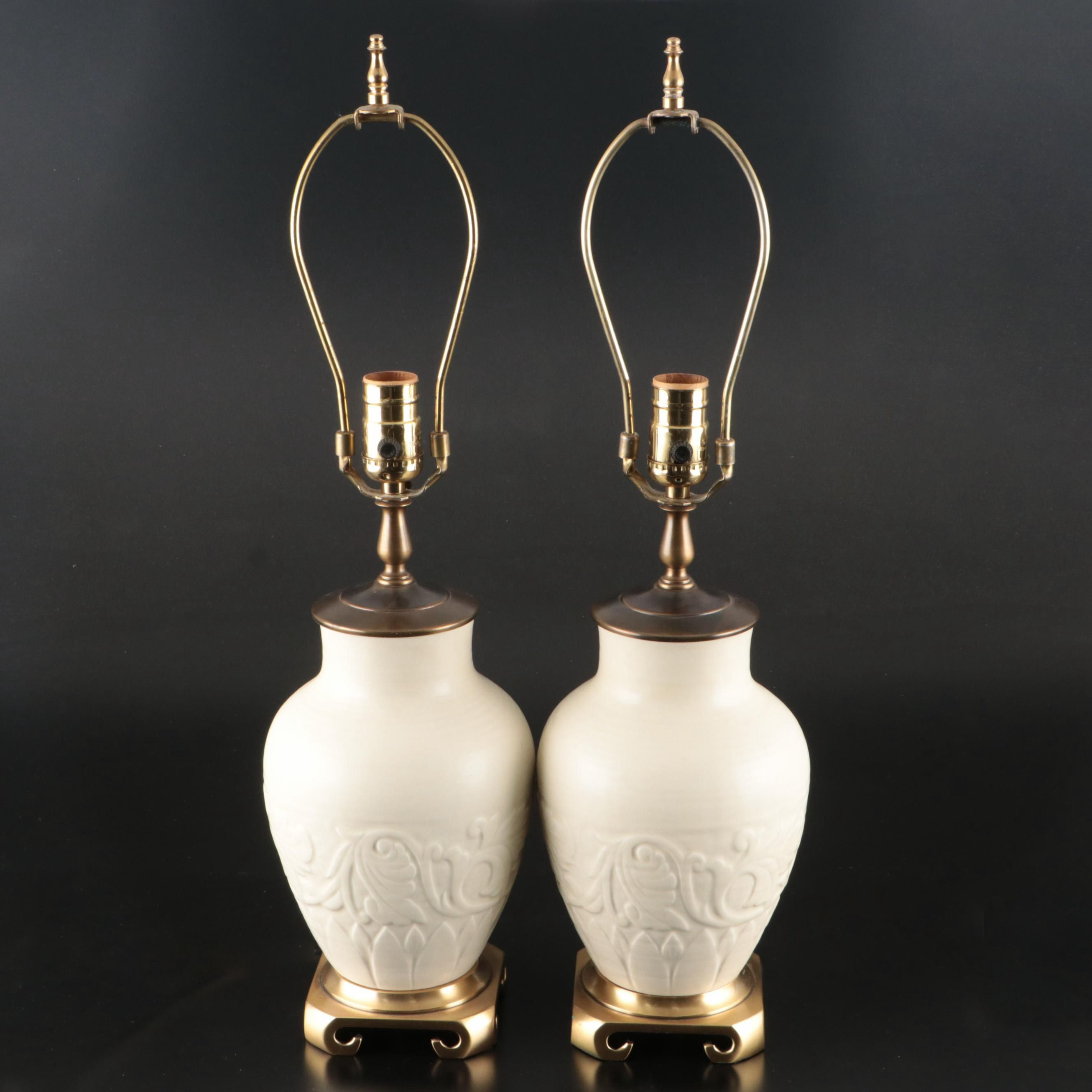 Pair of Rookwood Pottery Low Relief Ivory Ceramic Urn Table Lamps, 1938