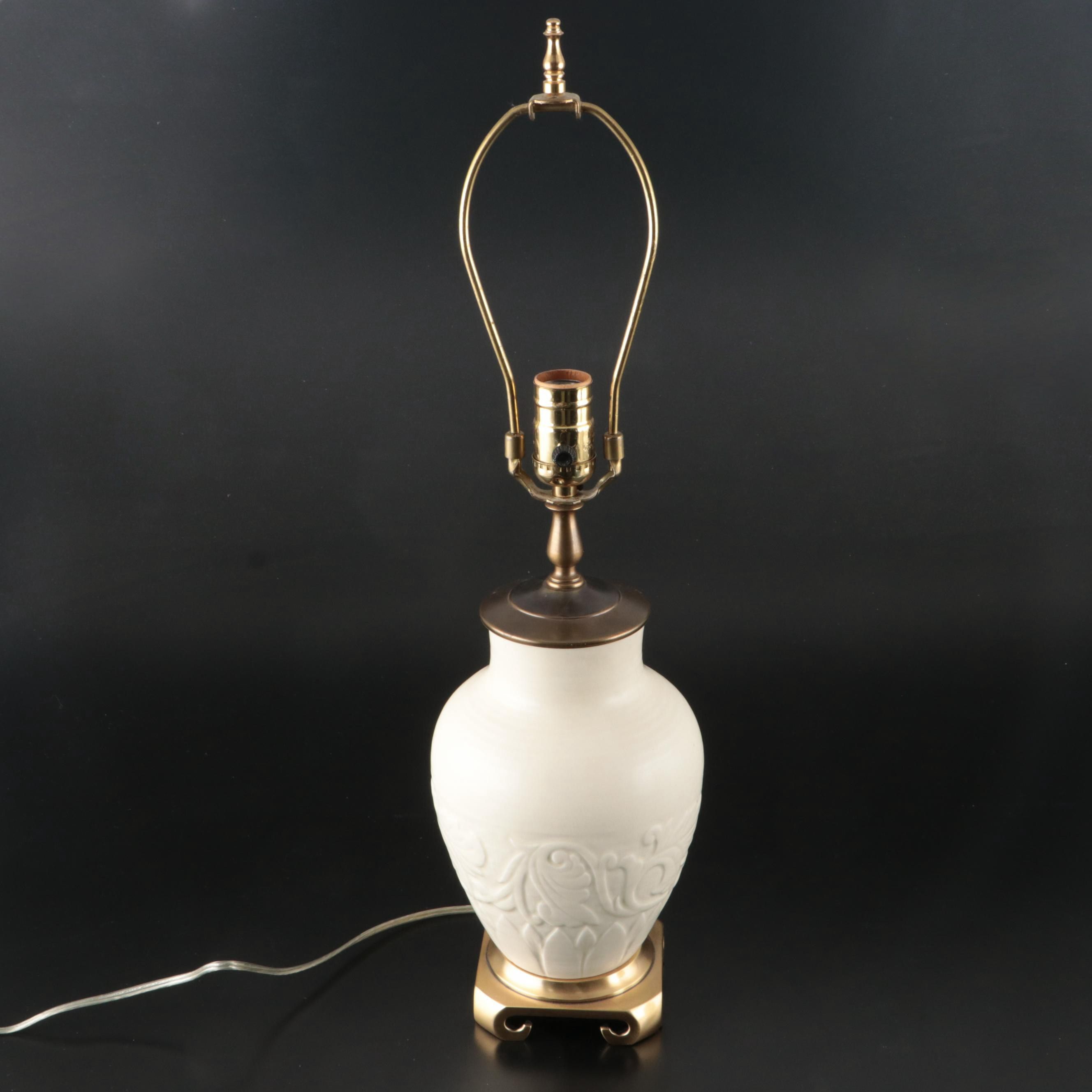 Pair of Rookwood Pottery Low Relief Ivory Ceramic Urn Table Lamps, 1938