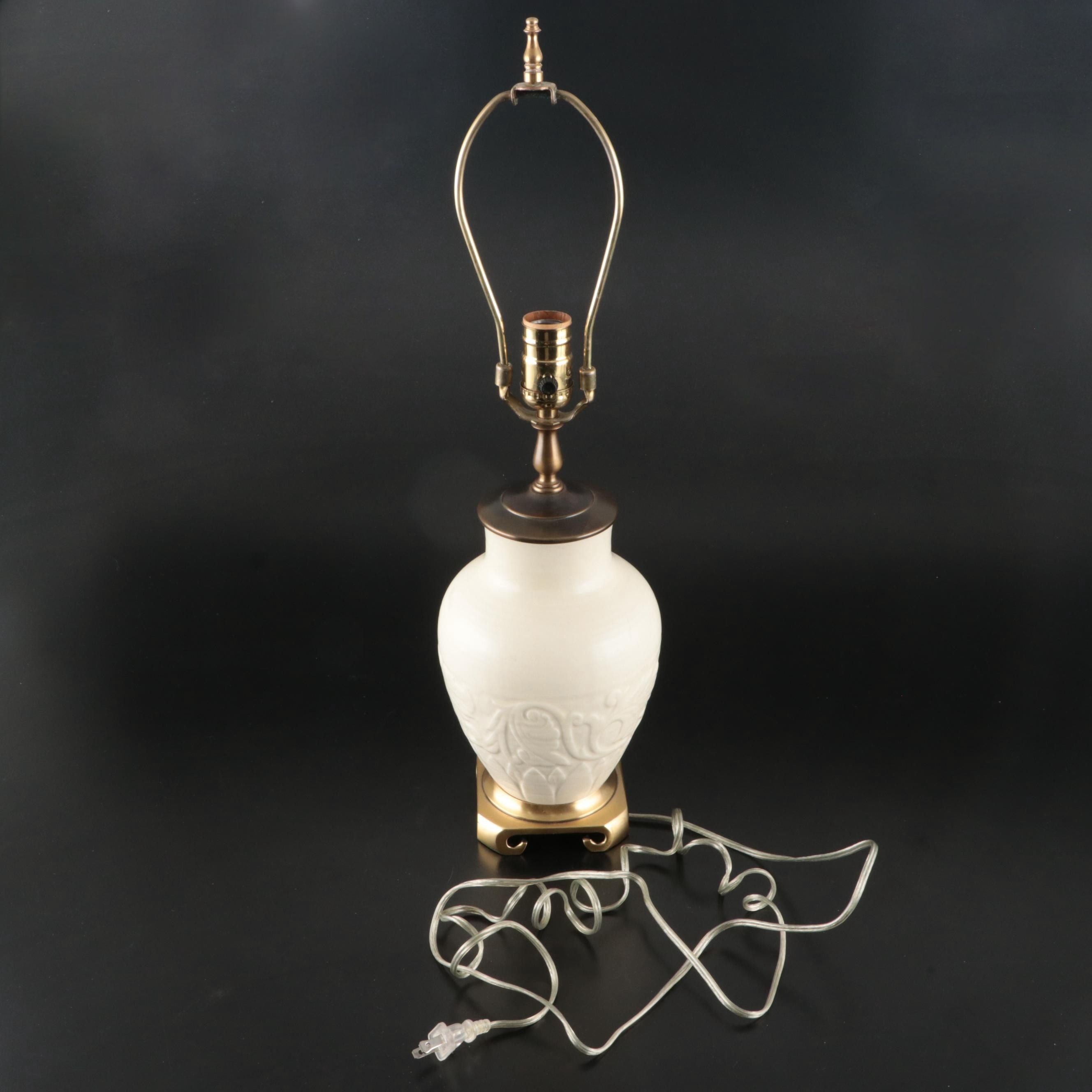 Pair of Rookwood Pottery Low Relief Ivory Ceramic Urn Table Lamps, 1938