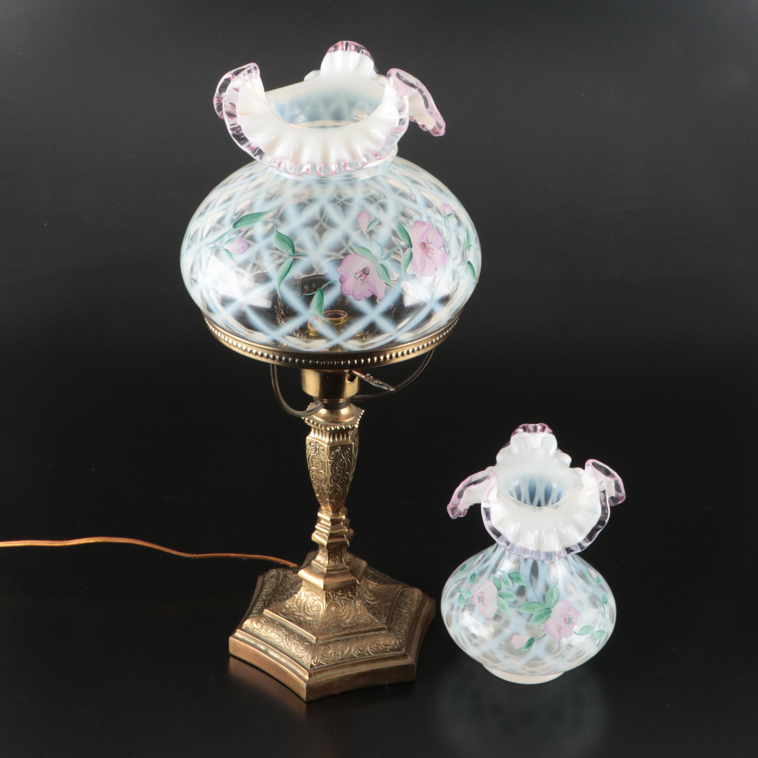 Fenton Crest Trellis Vase and Victorian Parlor Style Lamp with Fenton Shade