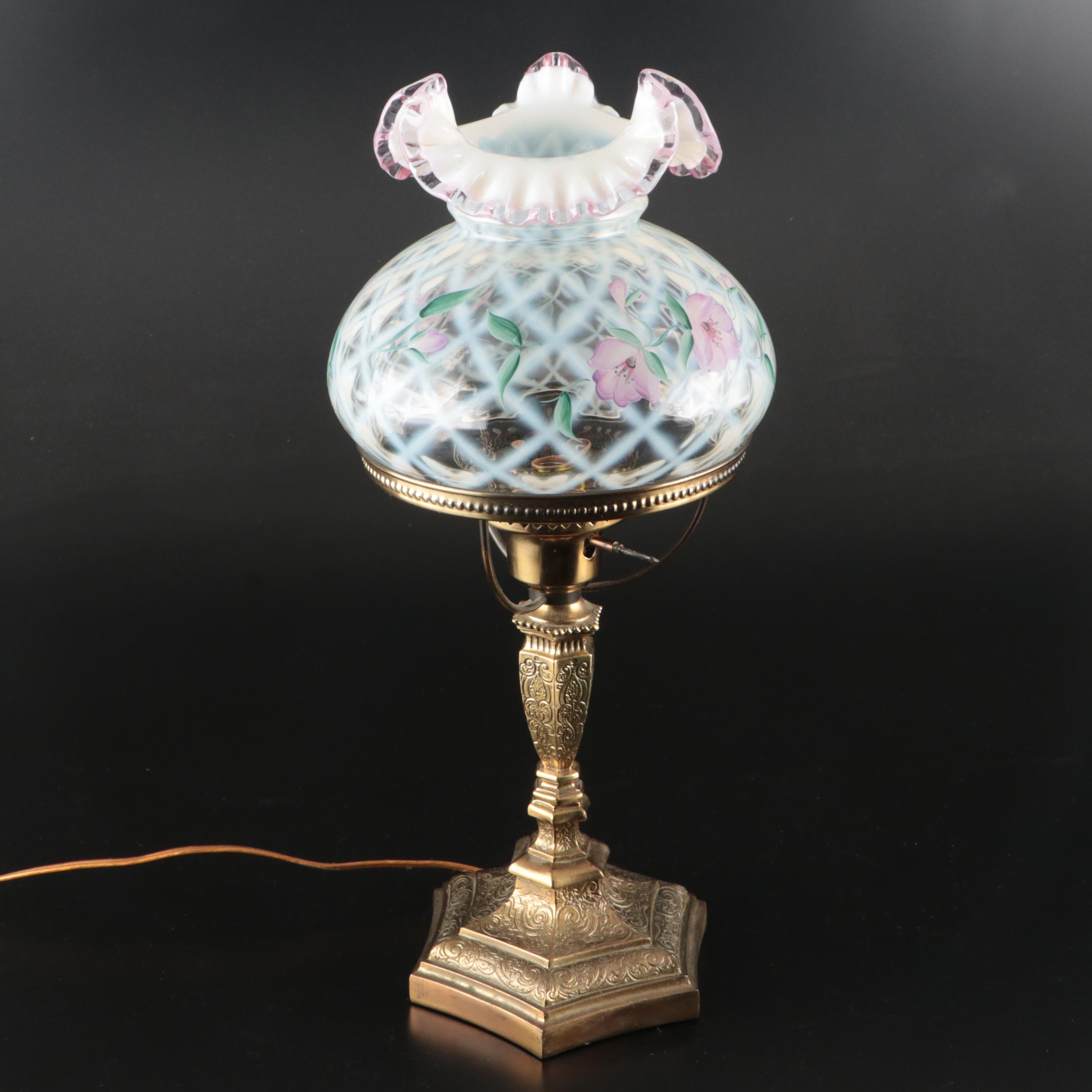 Fenton Crest Trellis Vase and Victorian Parlor Style Lamp with Fenton Shade