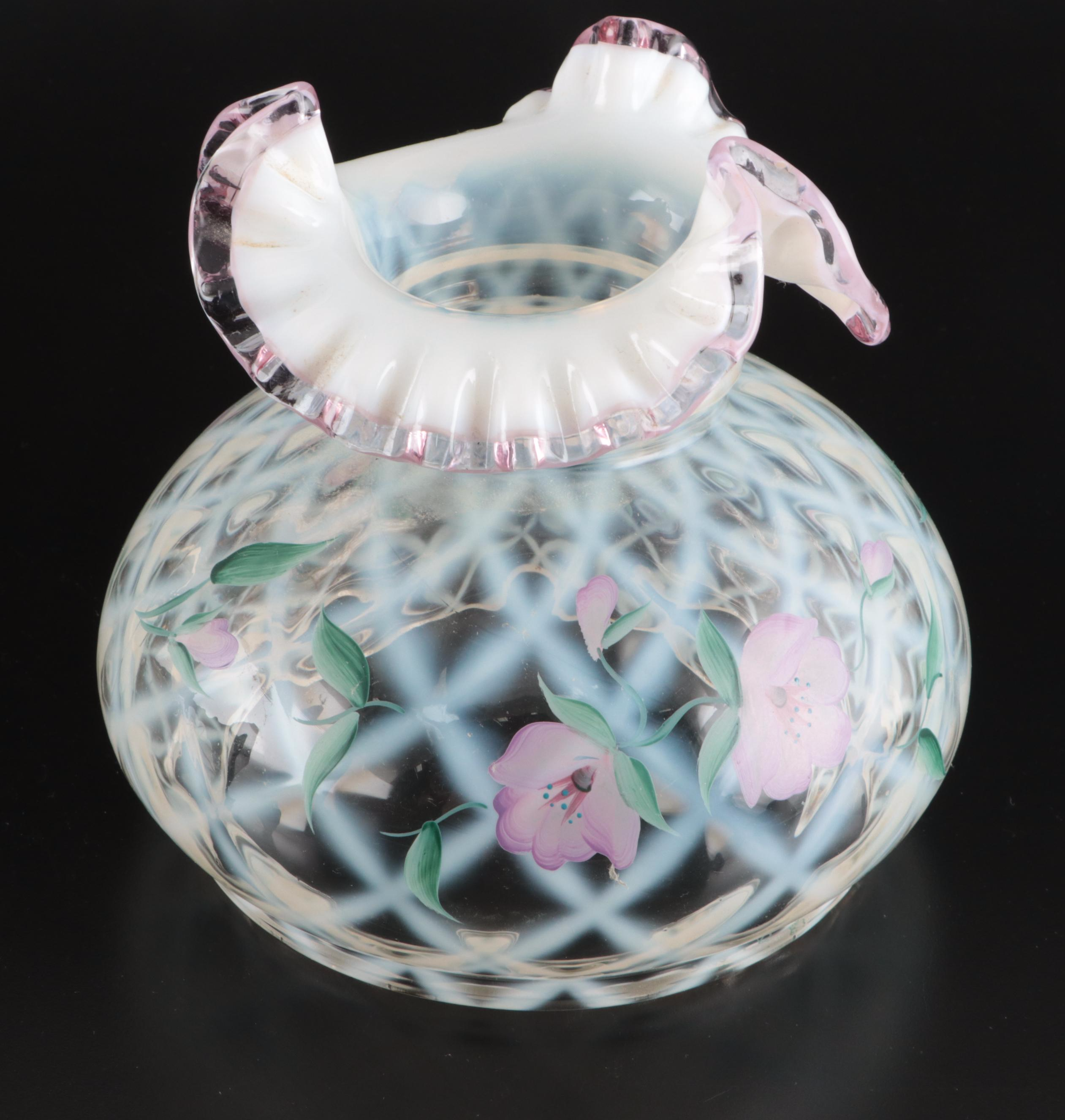 Fenton Crest Trellis Vase and Victorian Parlor Style Lamp with Fenton Shade