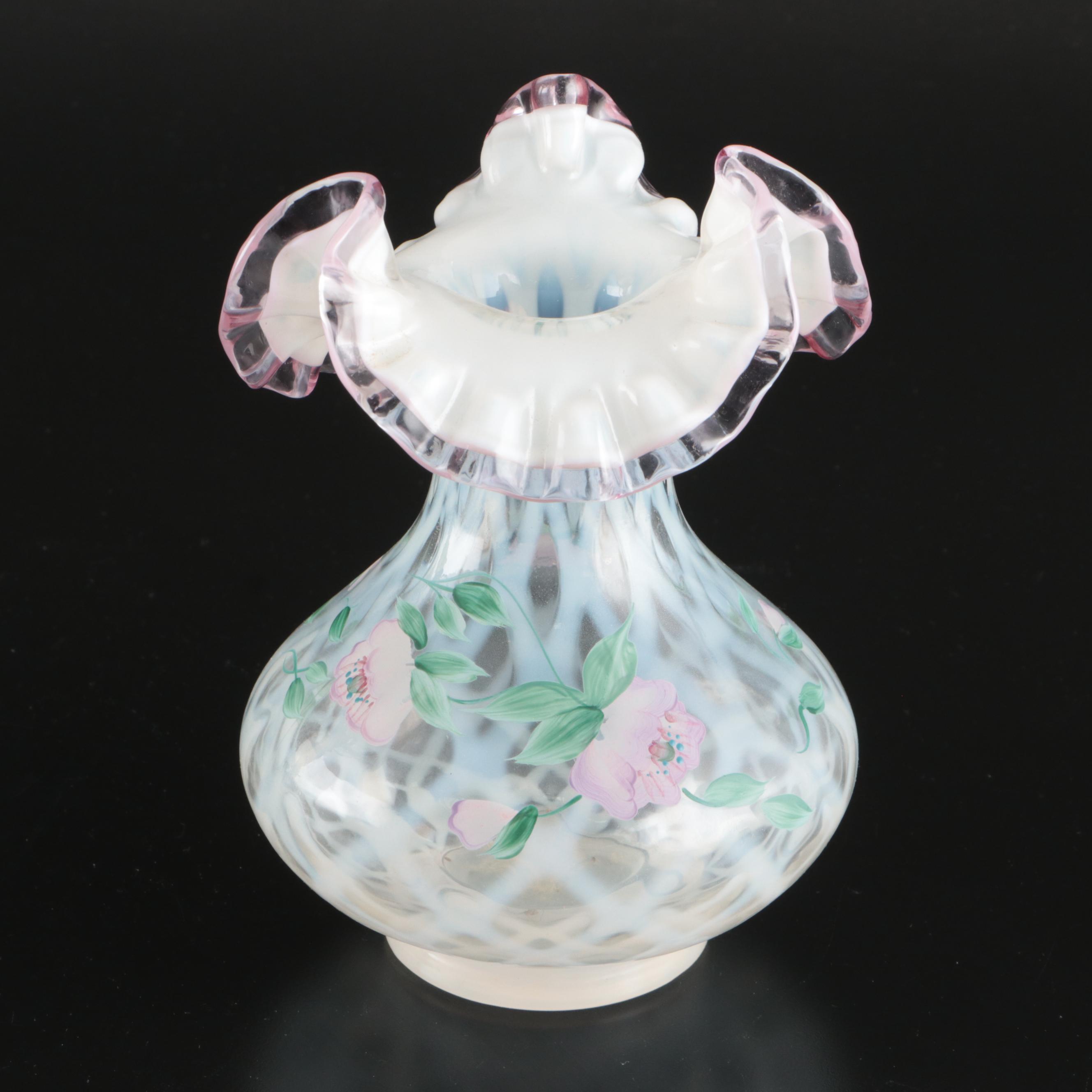 Fenton Crest Trellis Vase and Victorian Parlor Style Lamp with Fenton Shade