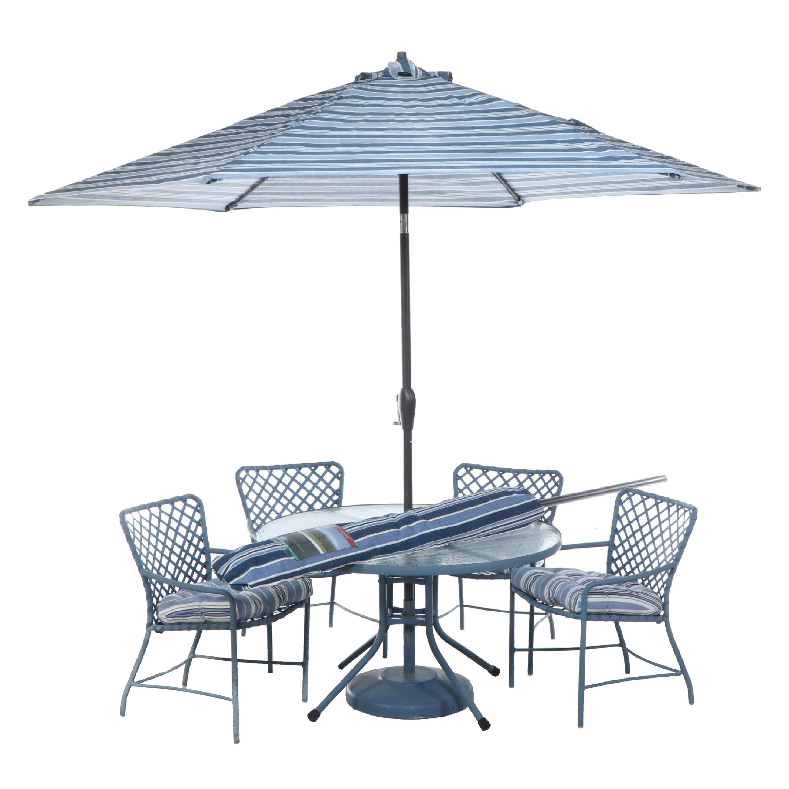Brown Jordan Blue Aluminum Patio Dining Set with Backyard Creations Umbrella