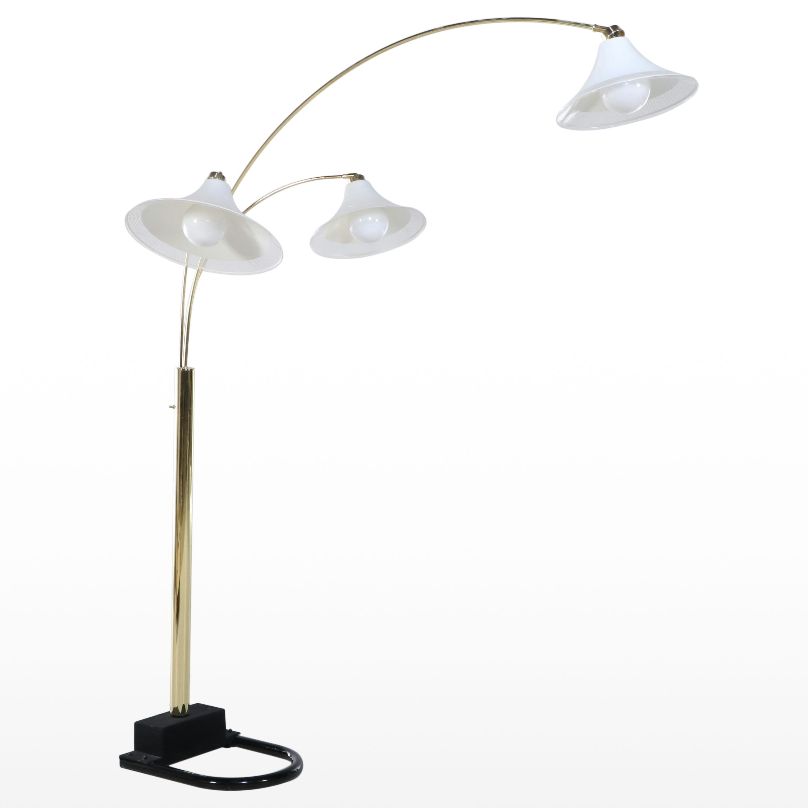 Postmodern Three-Arm Brass Arc Floor Lamp with White Glass Shades