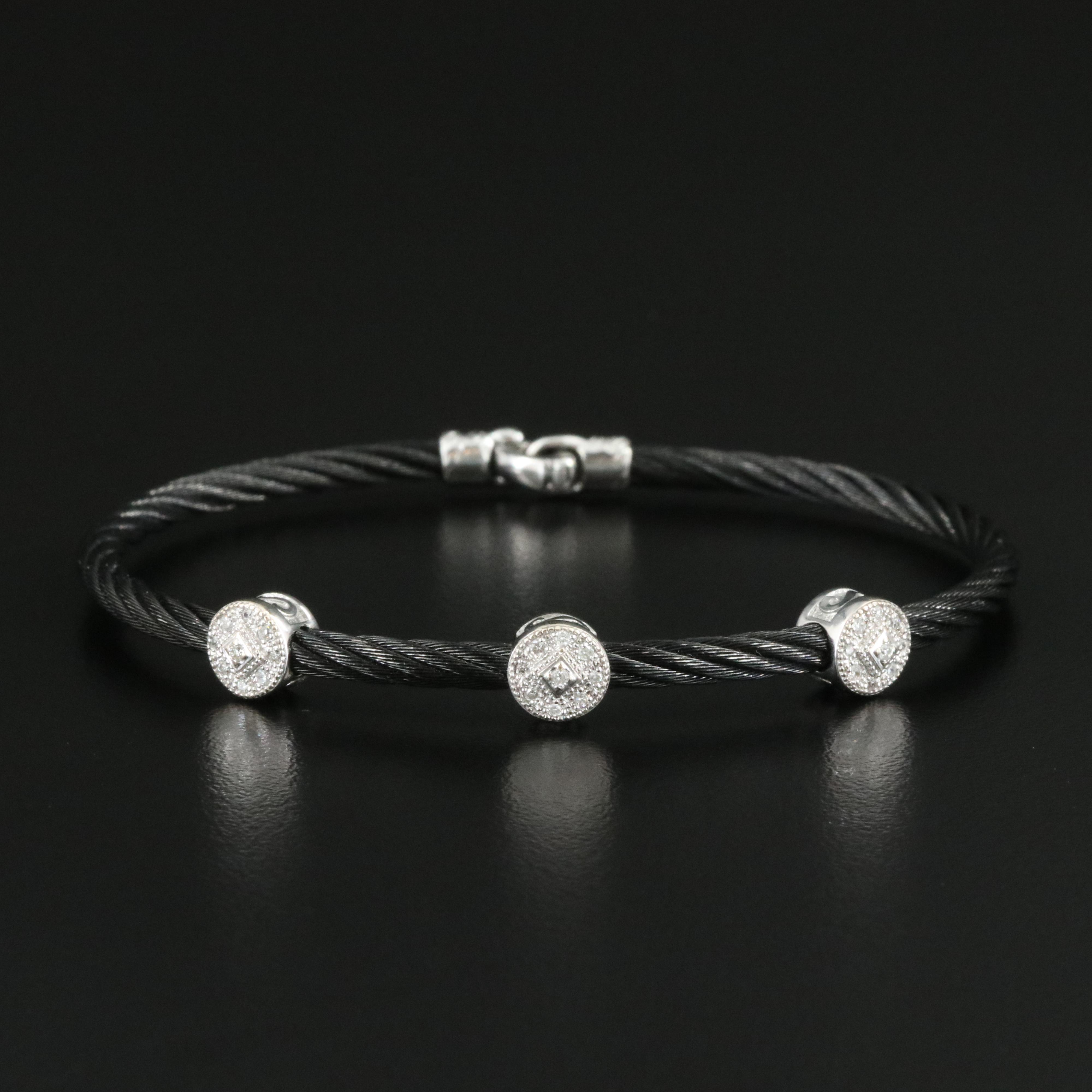 Charriol Celtic Noir Triple Round Station Stainless, 18K and Diamond Bracelet