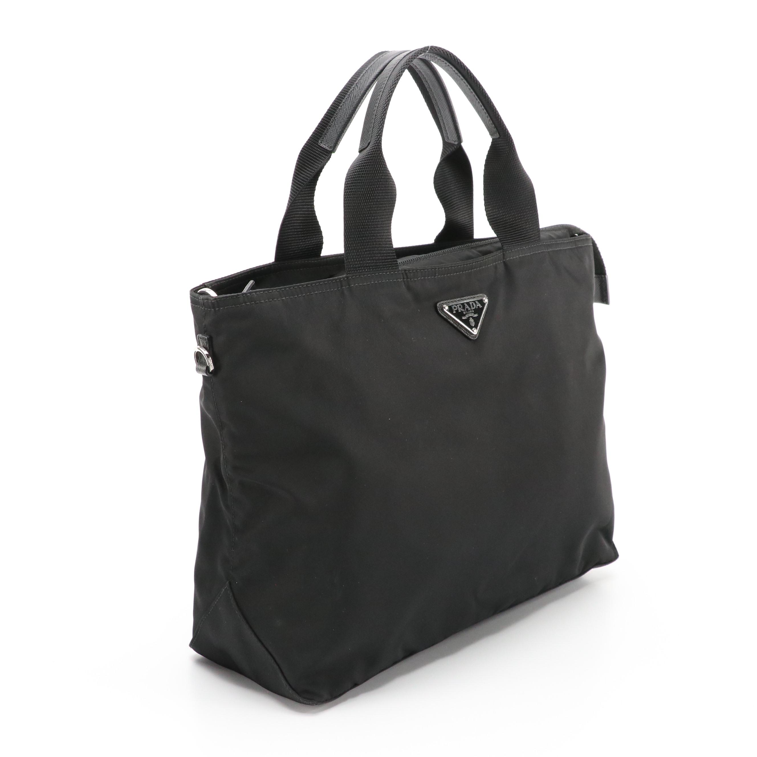 Prada Zippered Top Handle Tote in Black Tessuto Nylon and Leather Trim