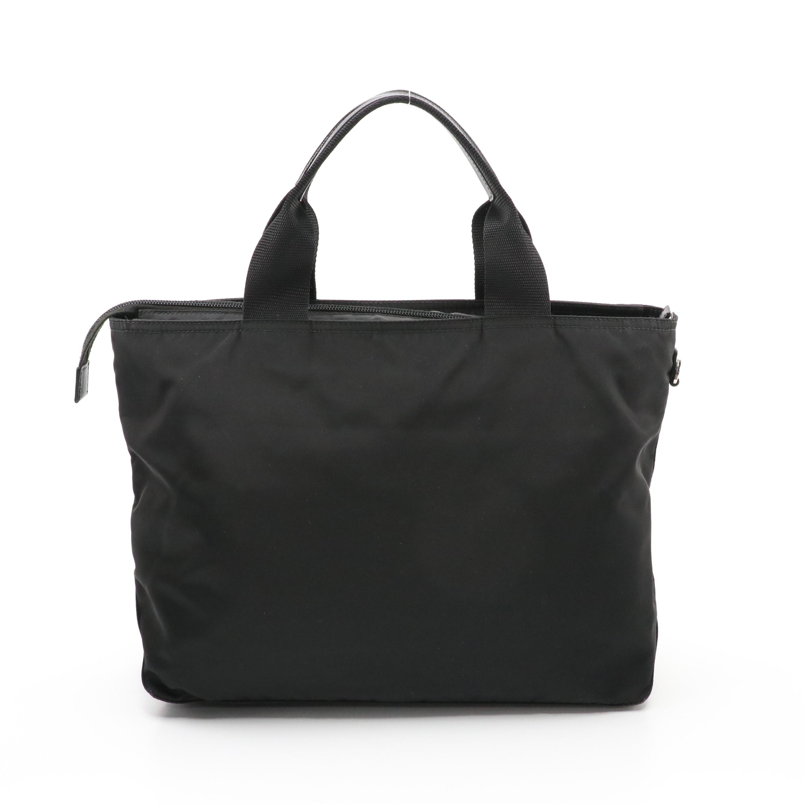 Prada Zippered Top Handle Tote in Black Tessuto Nylon and Leather Trim