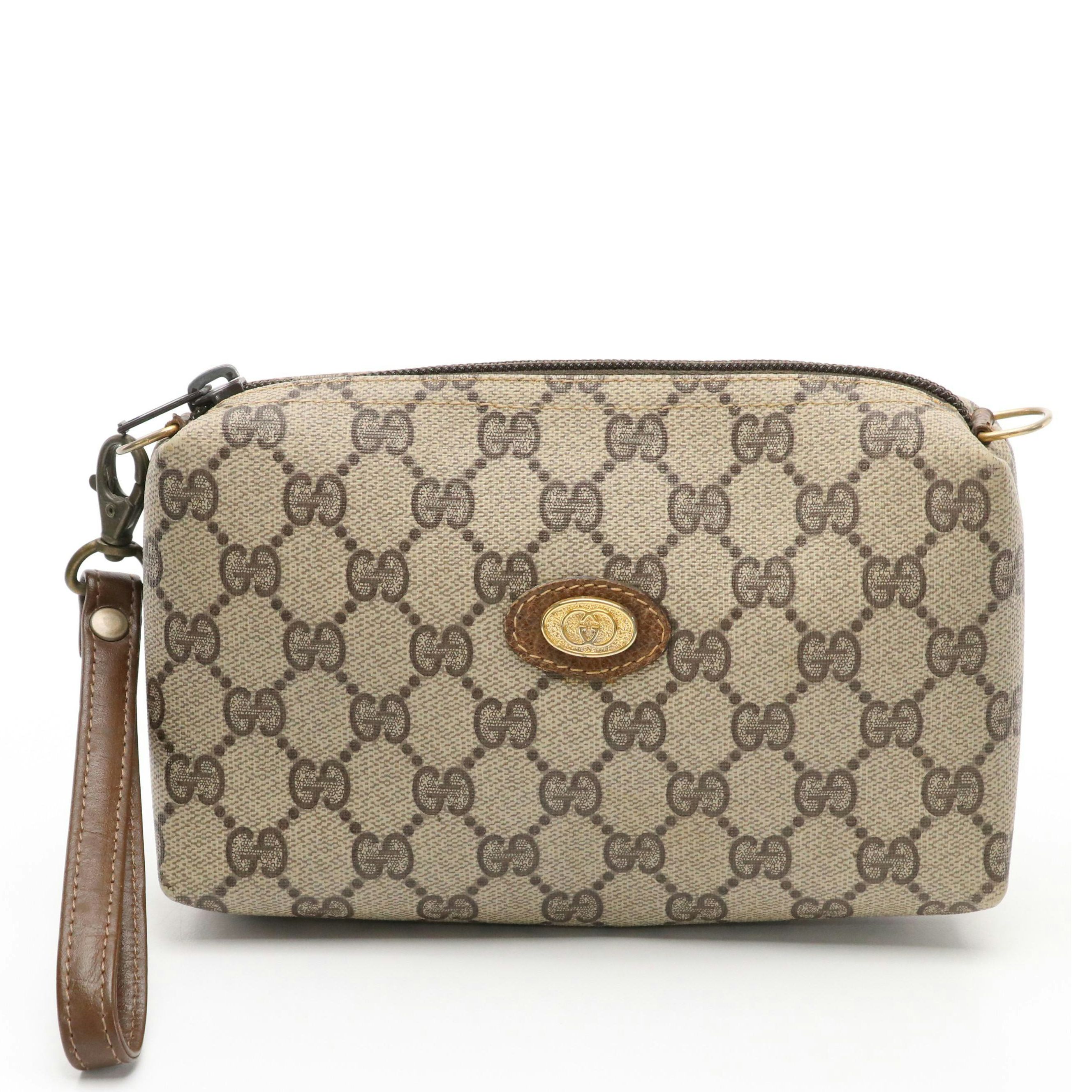 Gucci Zip Pouch in GG Supreme Canvas and Brown Leather