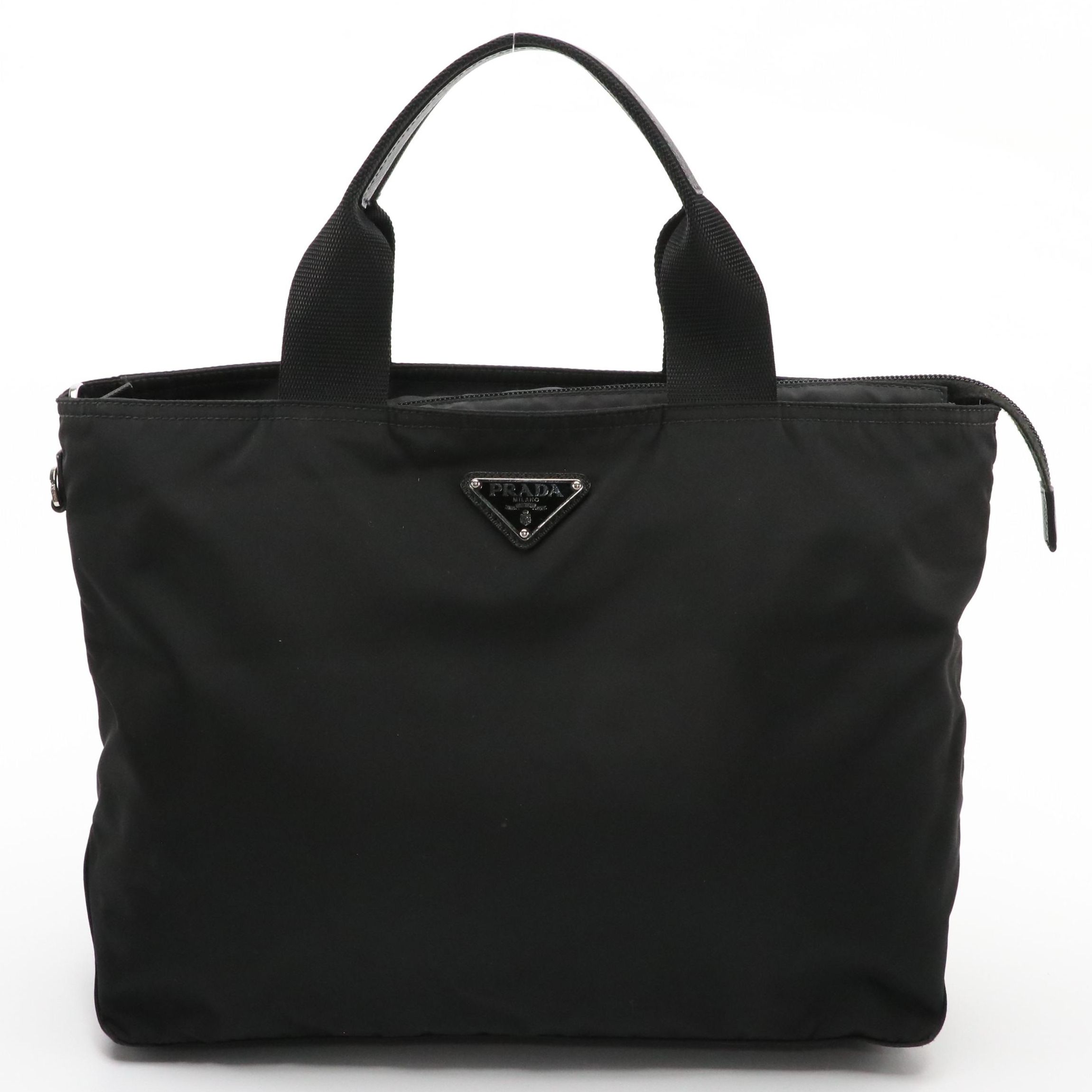 Prada Zippered Top Handle Tote in Black Tessuto Nylon and Leather Trim