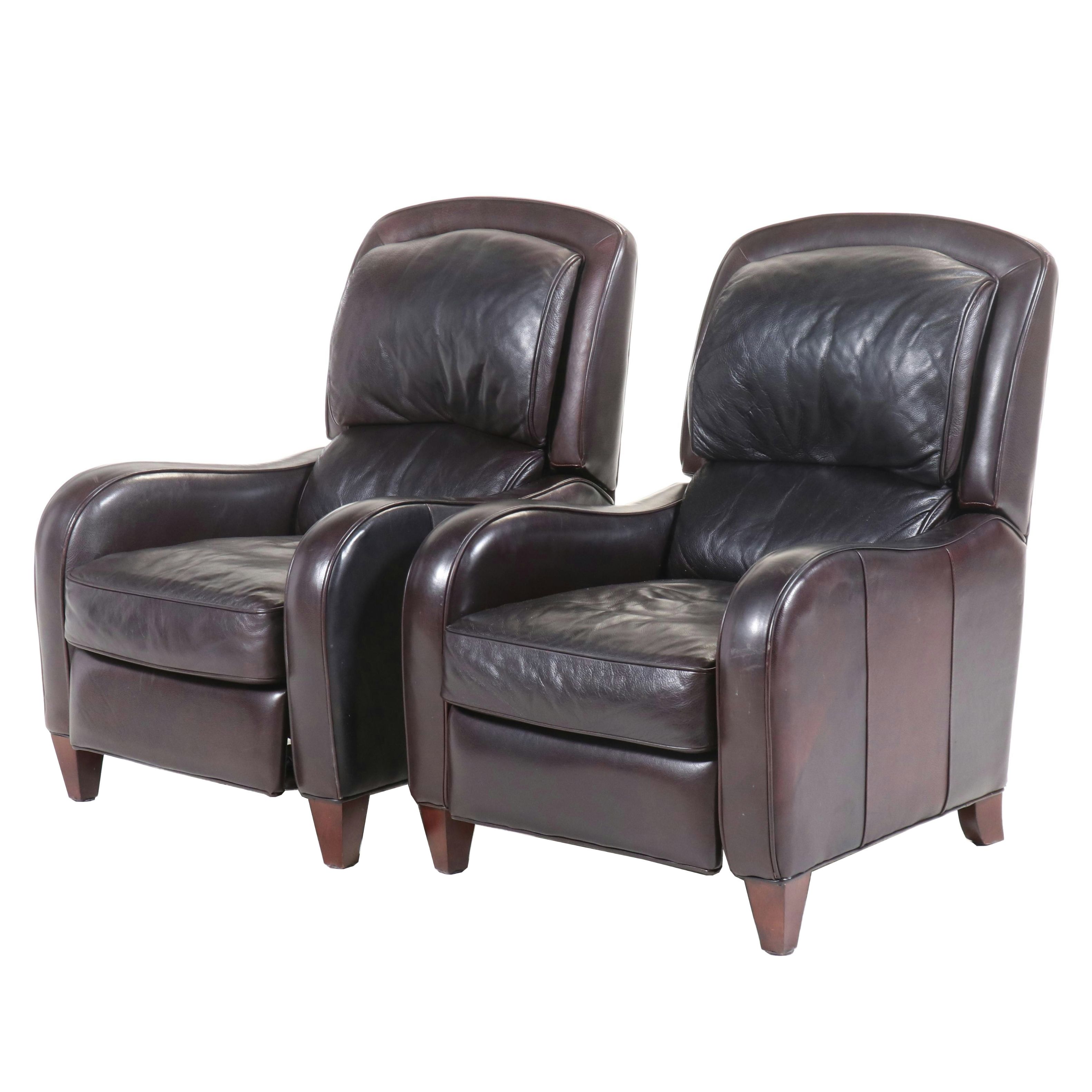 Pair of Arhaus Contemporary Brown Leather Upholstered Reclining Armchairs