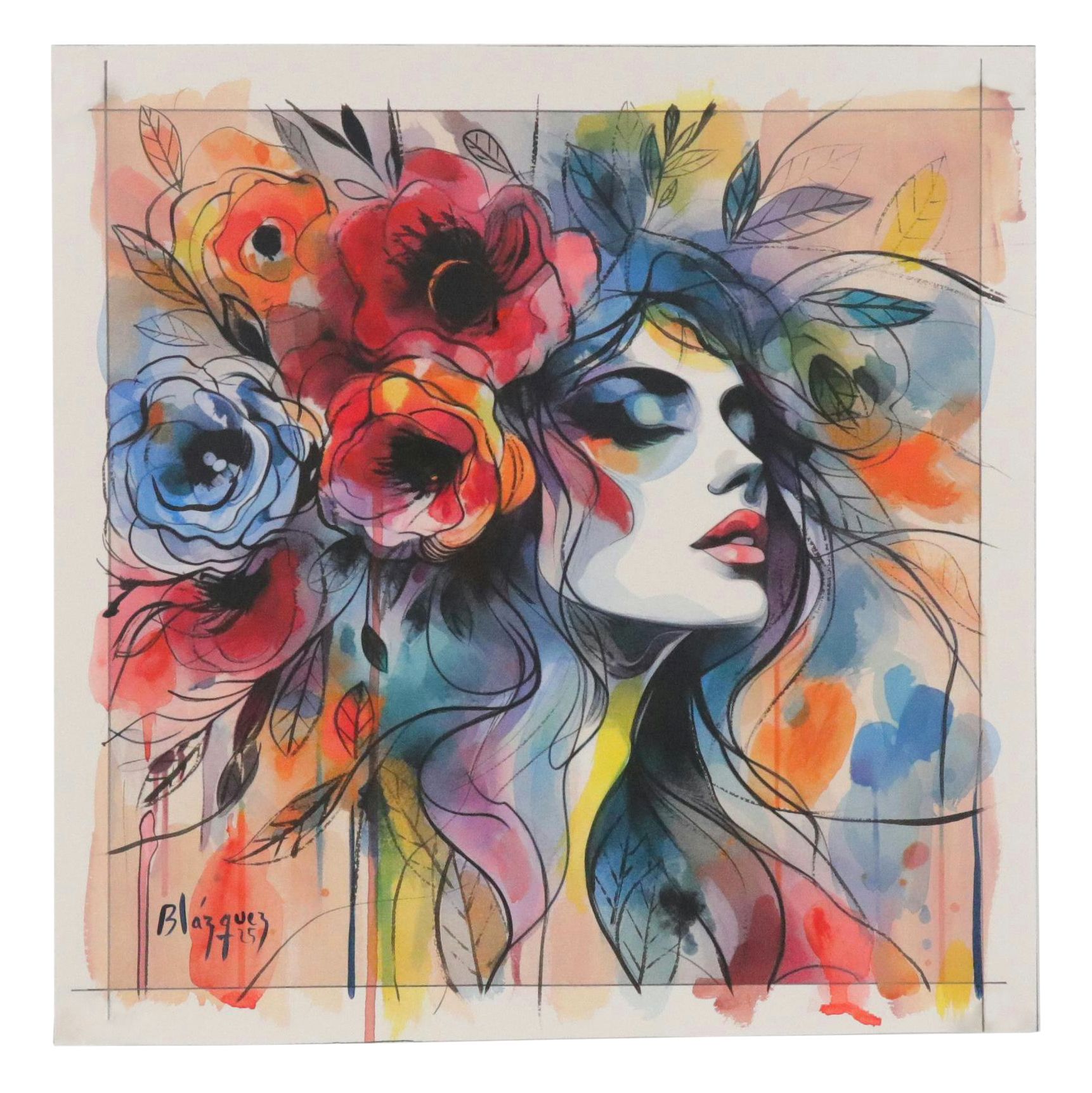 Michel Blázquez Stylized Acrylic Portrait "Woman in the Garden," 2025