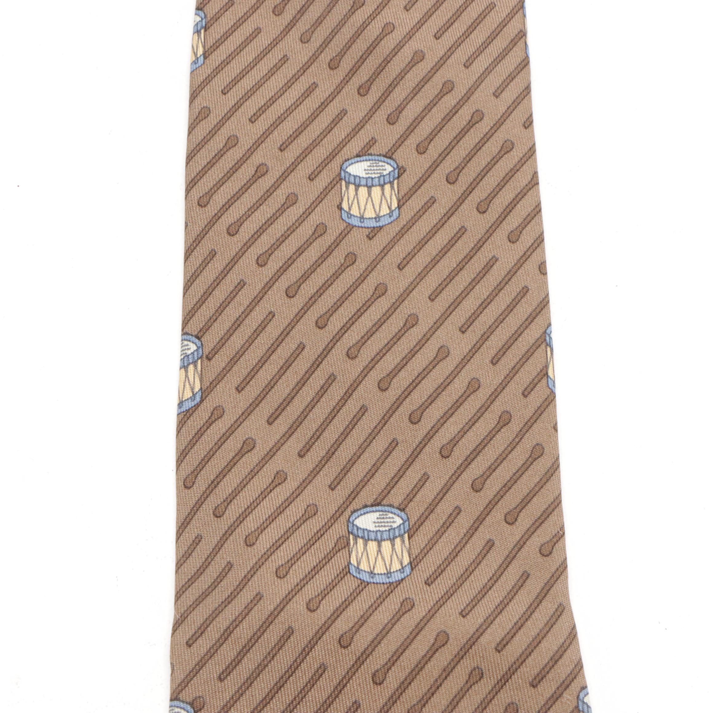 Hermès Necktie in Drum/Drumstick Printed Brown Silk
