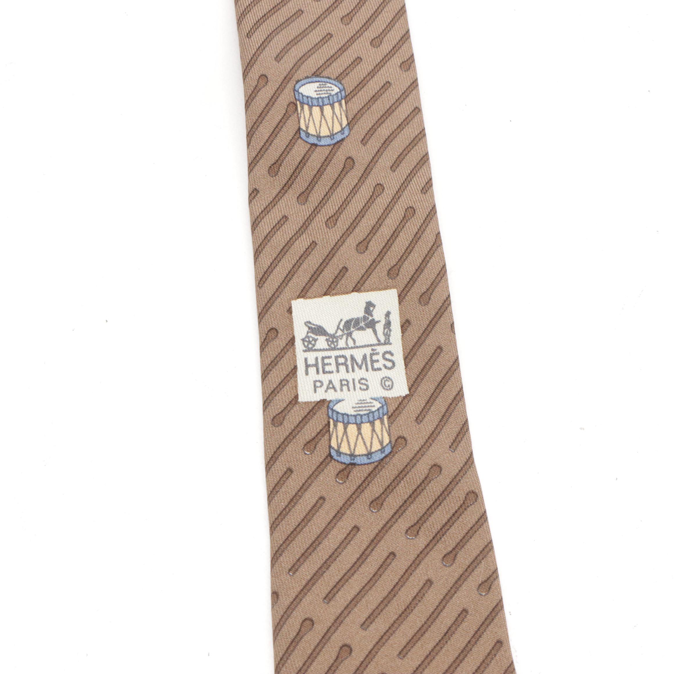 Hermès Necktie in Drum/Drumstick Printed Brown Silk