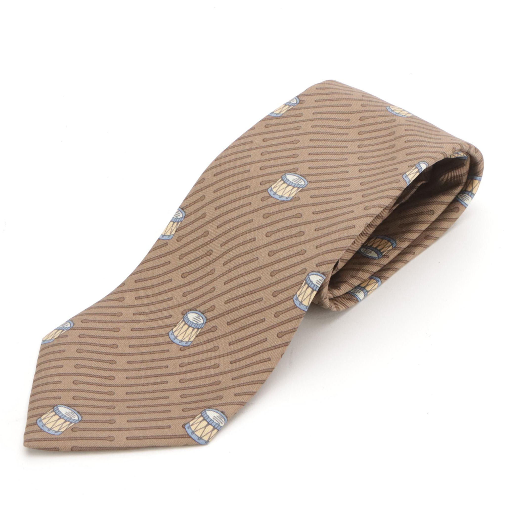 Hermès Necktie in Drum/Drumstick Printed Brown Silk