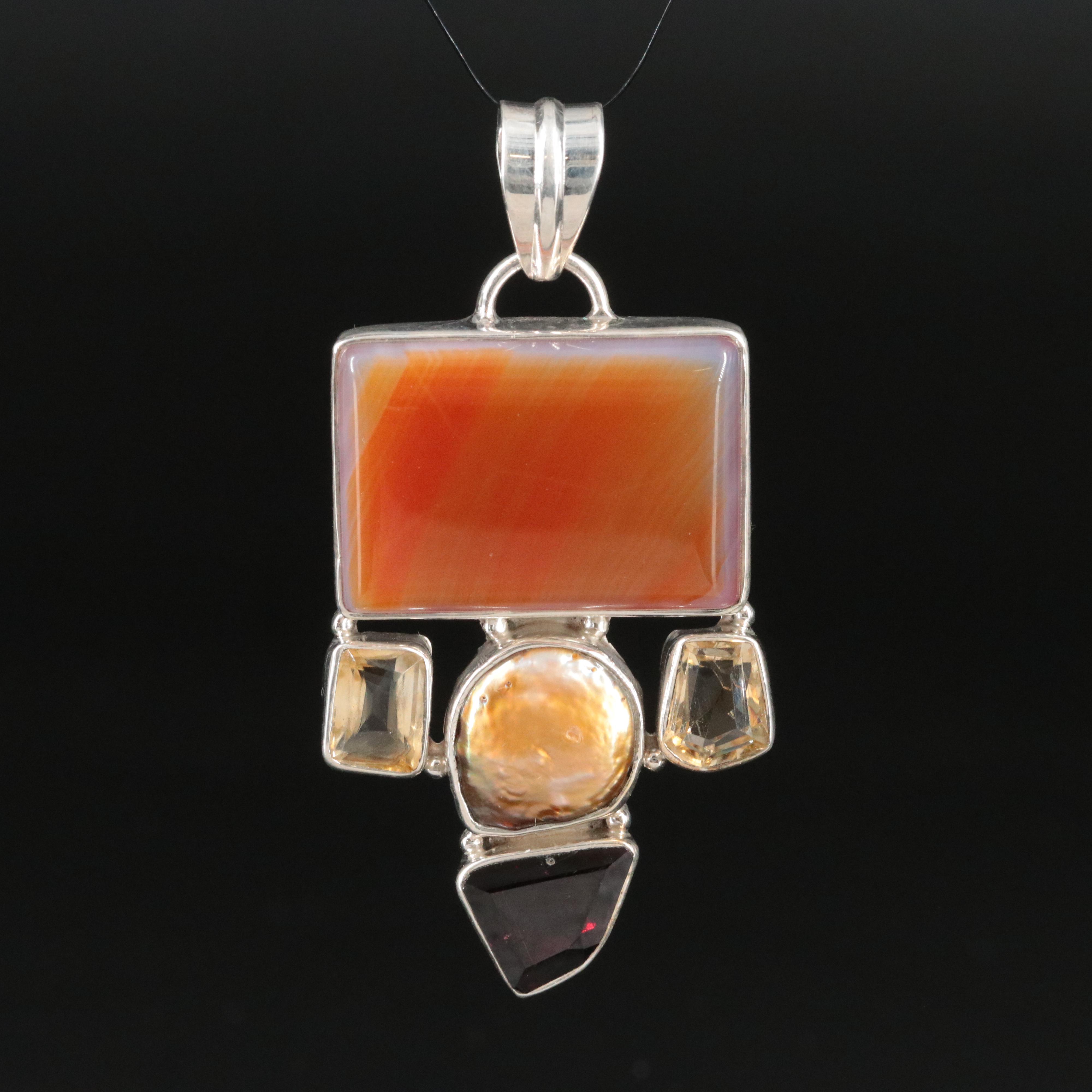 Sterling Rhodolite Garnet, Pearl and Agate Modernist Pendant