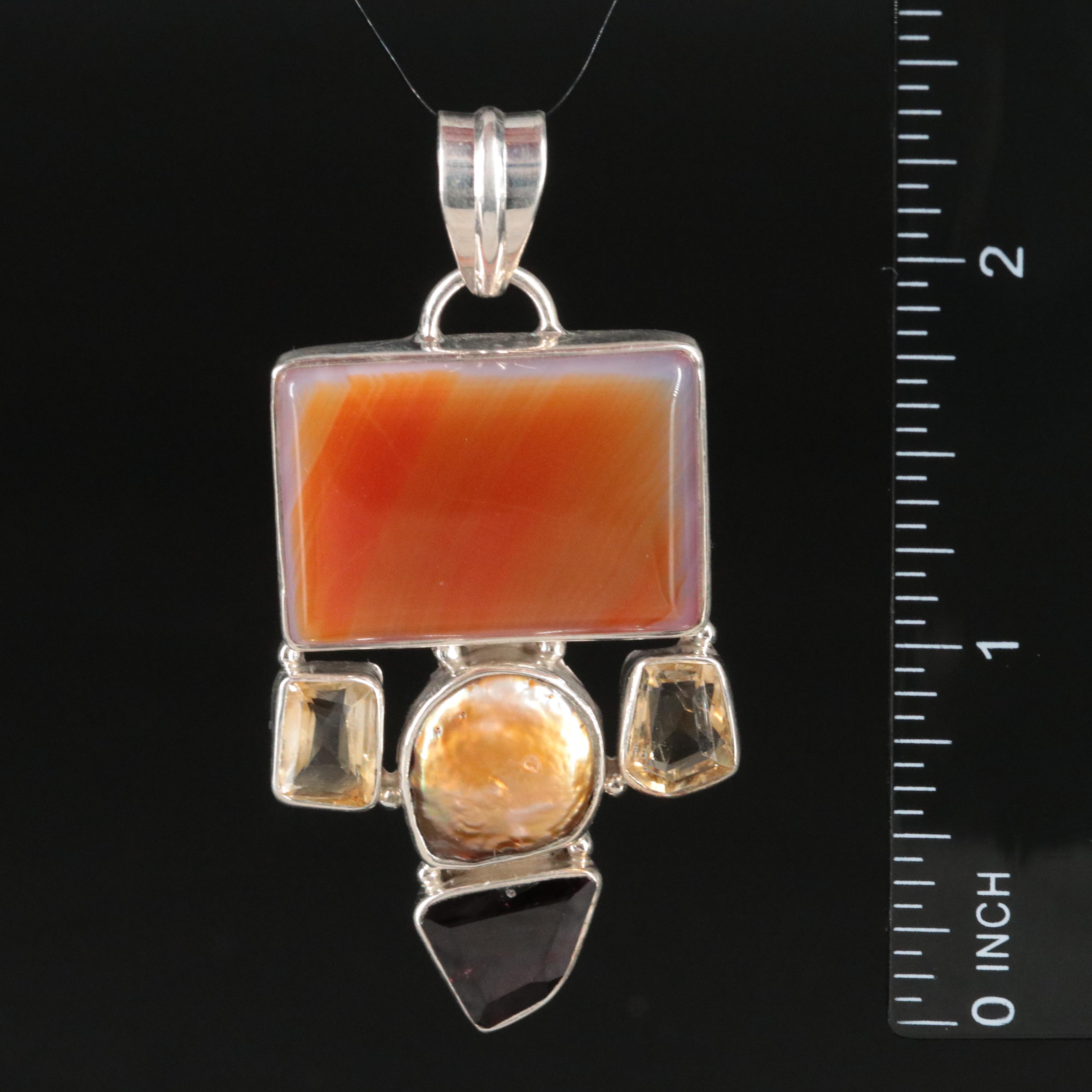 Sterling Rhodolite Garnet, Pearl and Agate Modernist Pendant