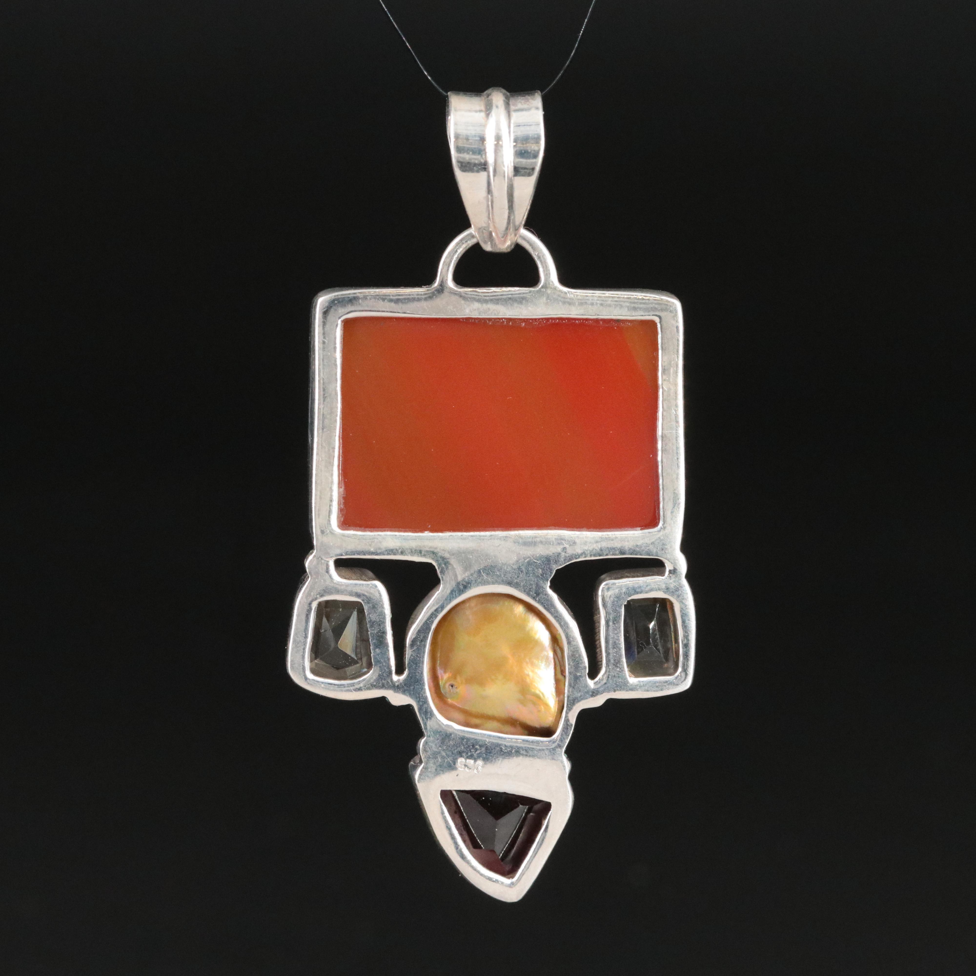 Sterling Rhodolite Garnet, Pearl and Agate Modernist Pendant