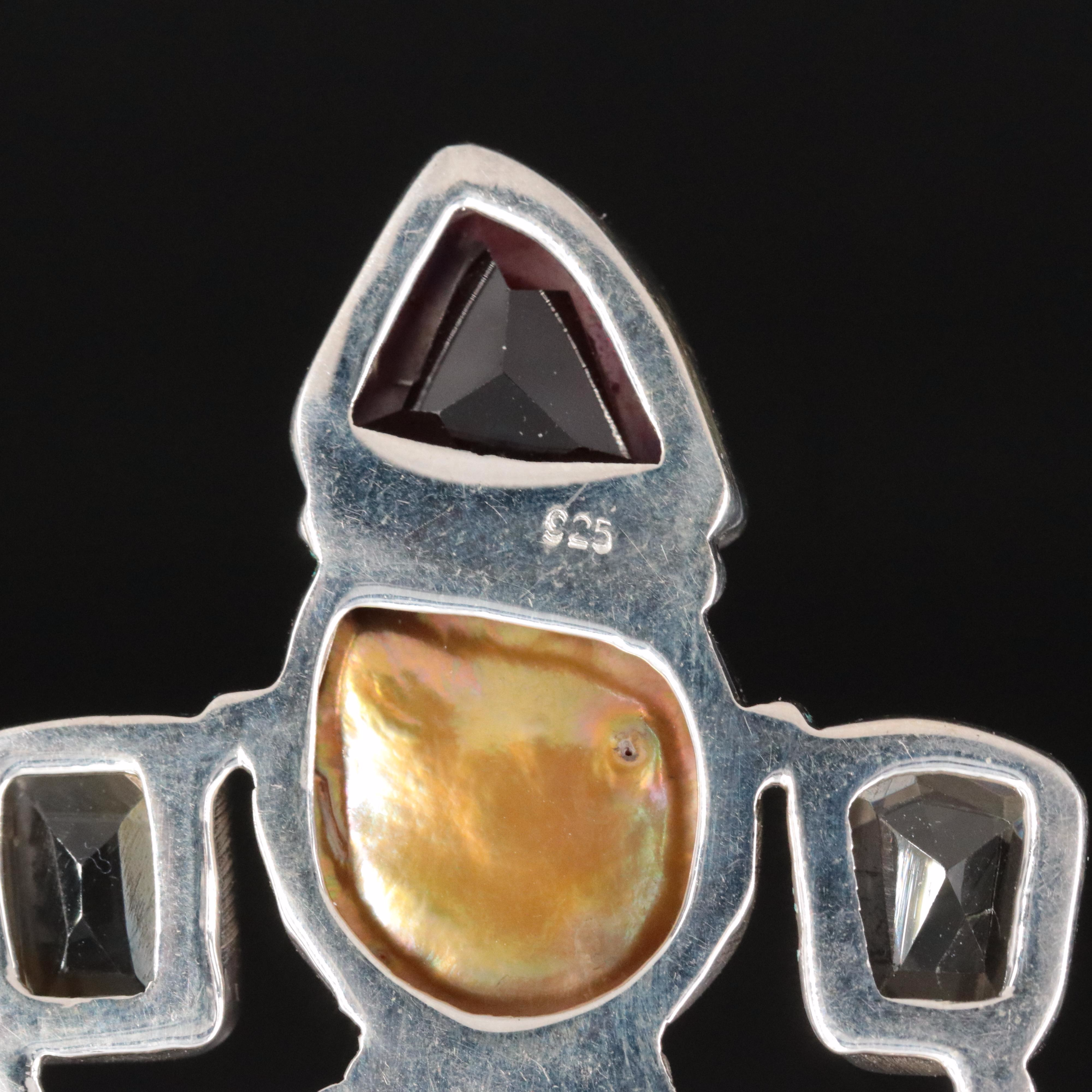 Sterling Rhodolite Garnet, Pearl and Agate Modernist Pendant