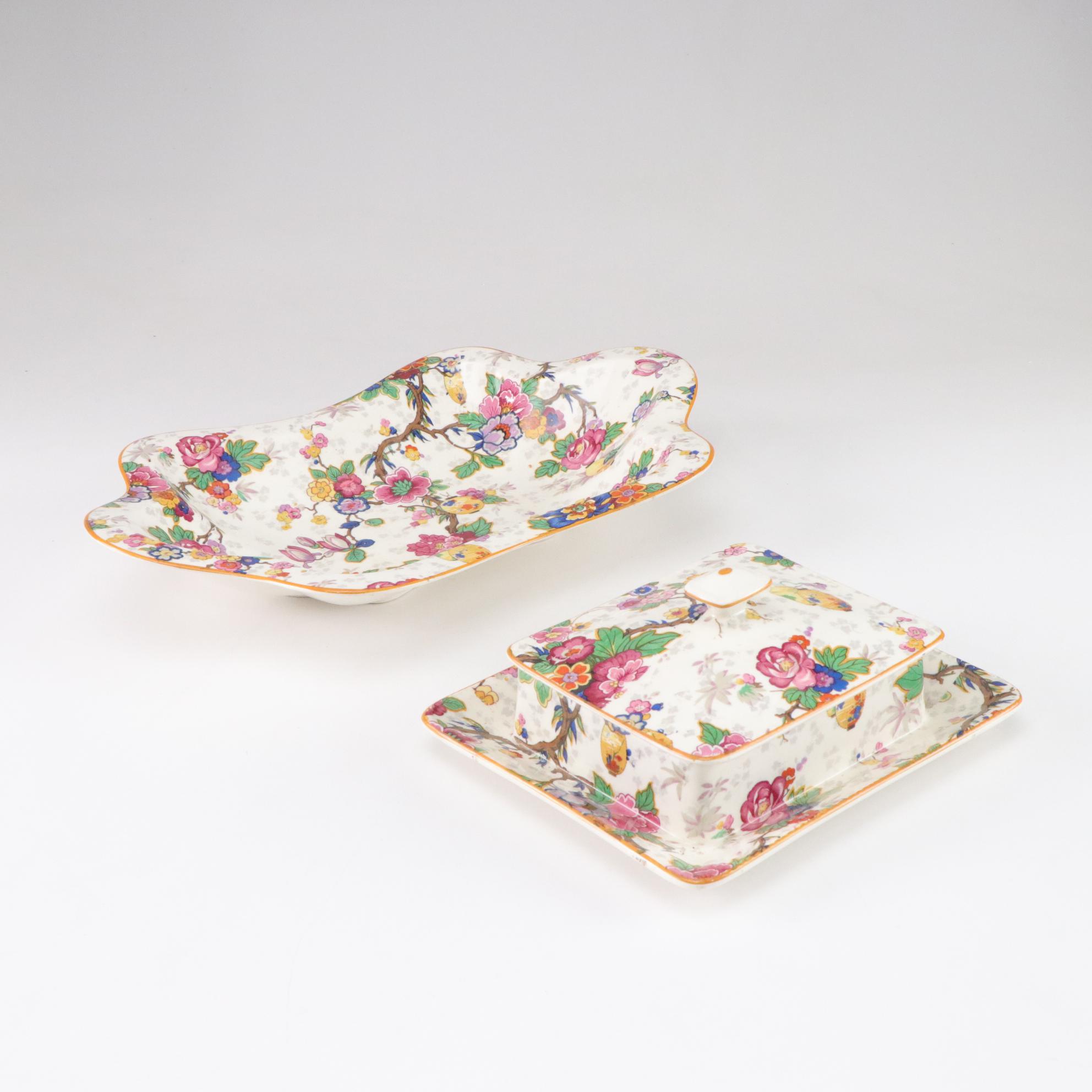 Crown Ducal "Festival Floral" Porcelain Chintzware Bowl and Covered Butter Dish