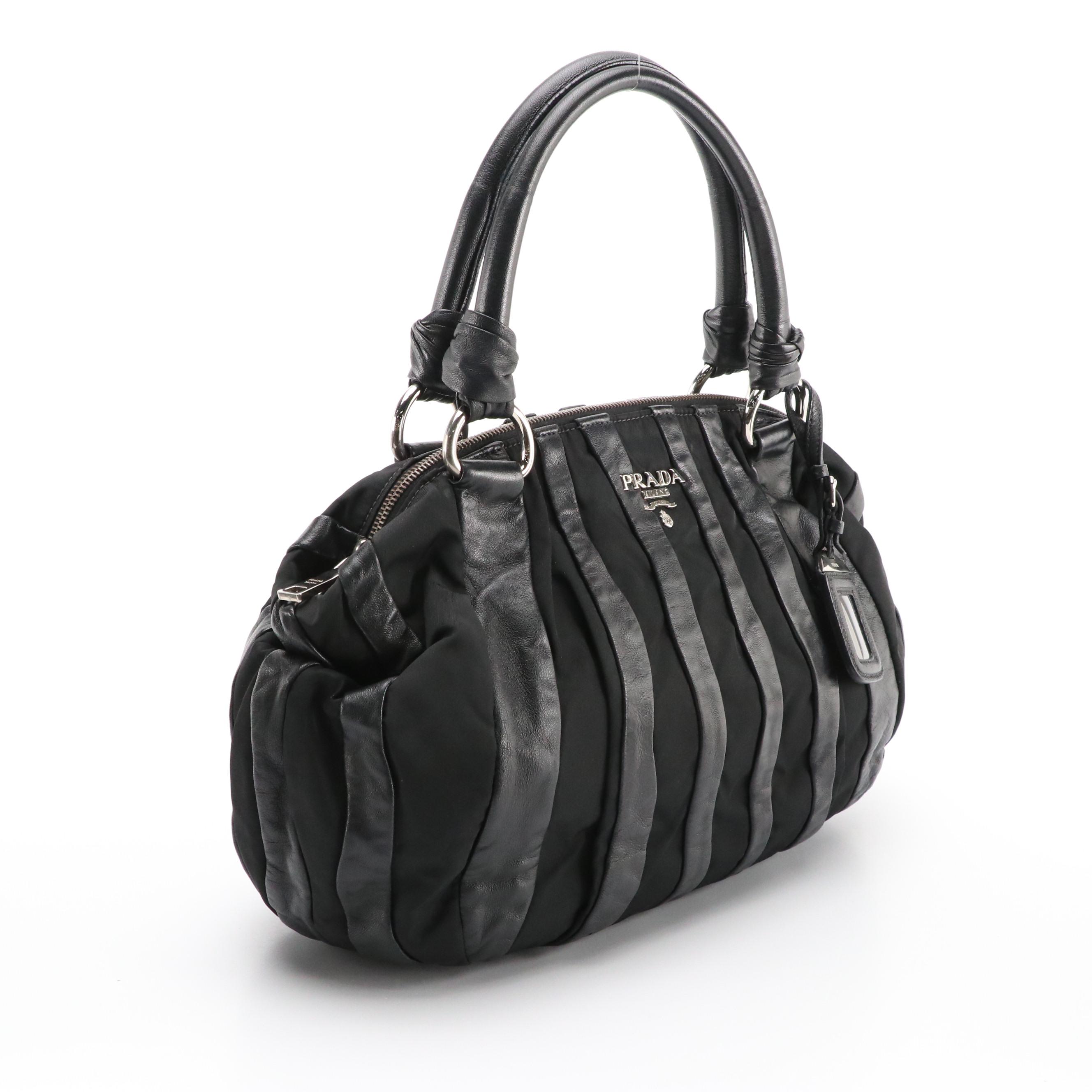 Prada Handbag in Black Tessuto Nylon and Striped Wave Nappa Leather