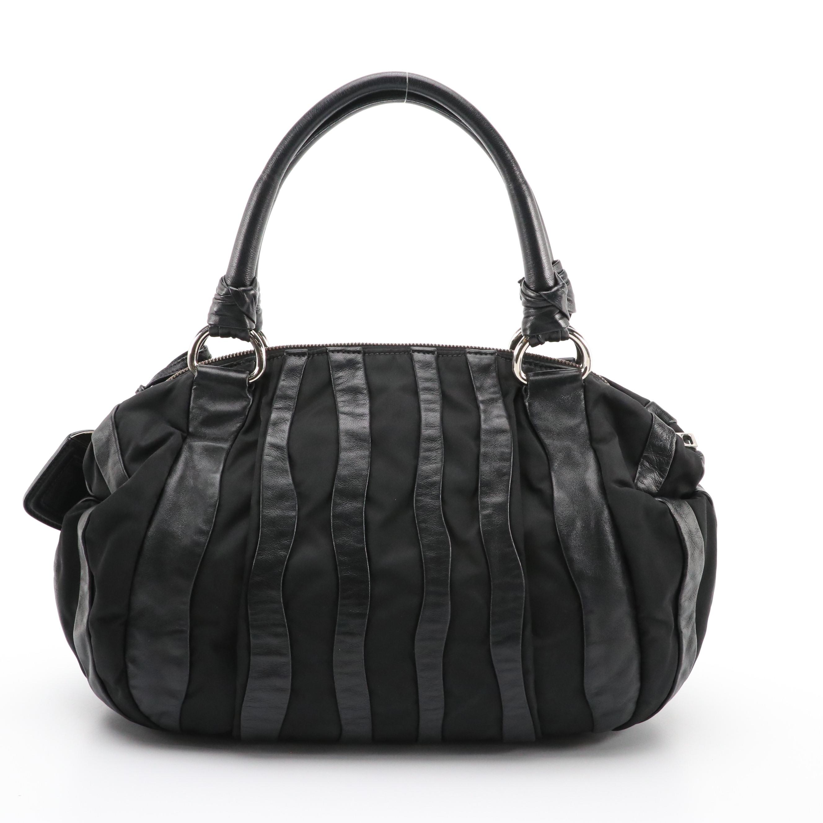 Prada Handbag in Black Tessuto Nylon and Striped Wave Nappa Leather