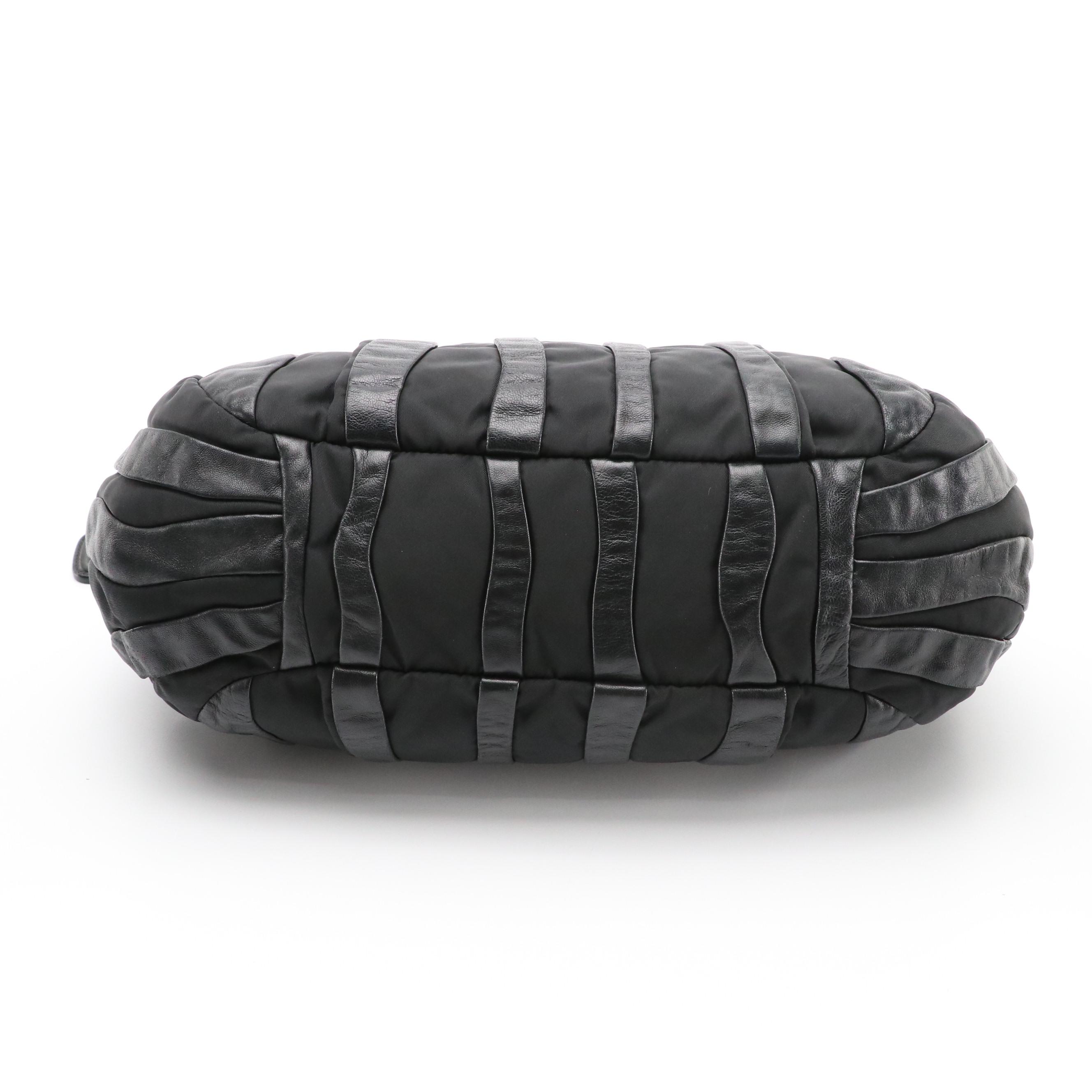 Prada Handbag in Black Tessuto Nylon and Striped Wave Nappa Leather