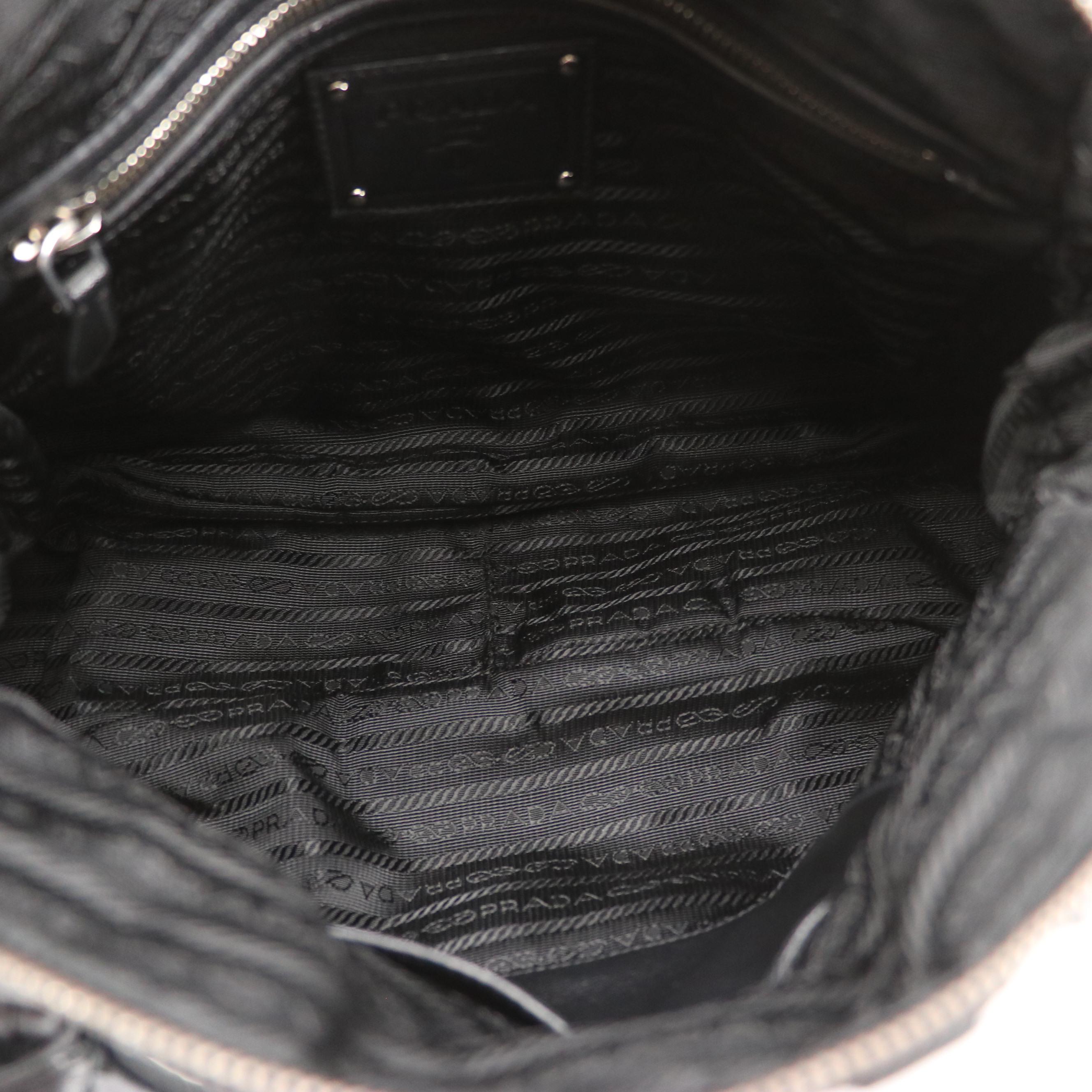 Prada Handbag in Black Tessuto Nylon and Striped Wave Nappa Leather