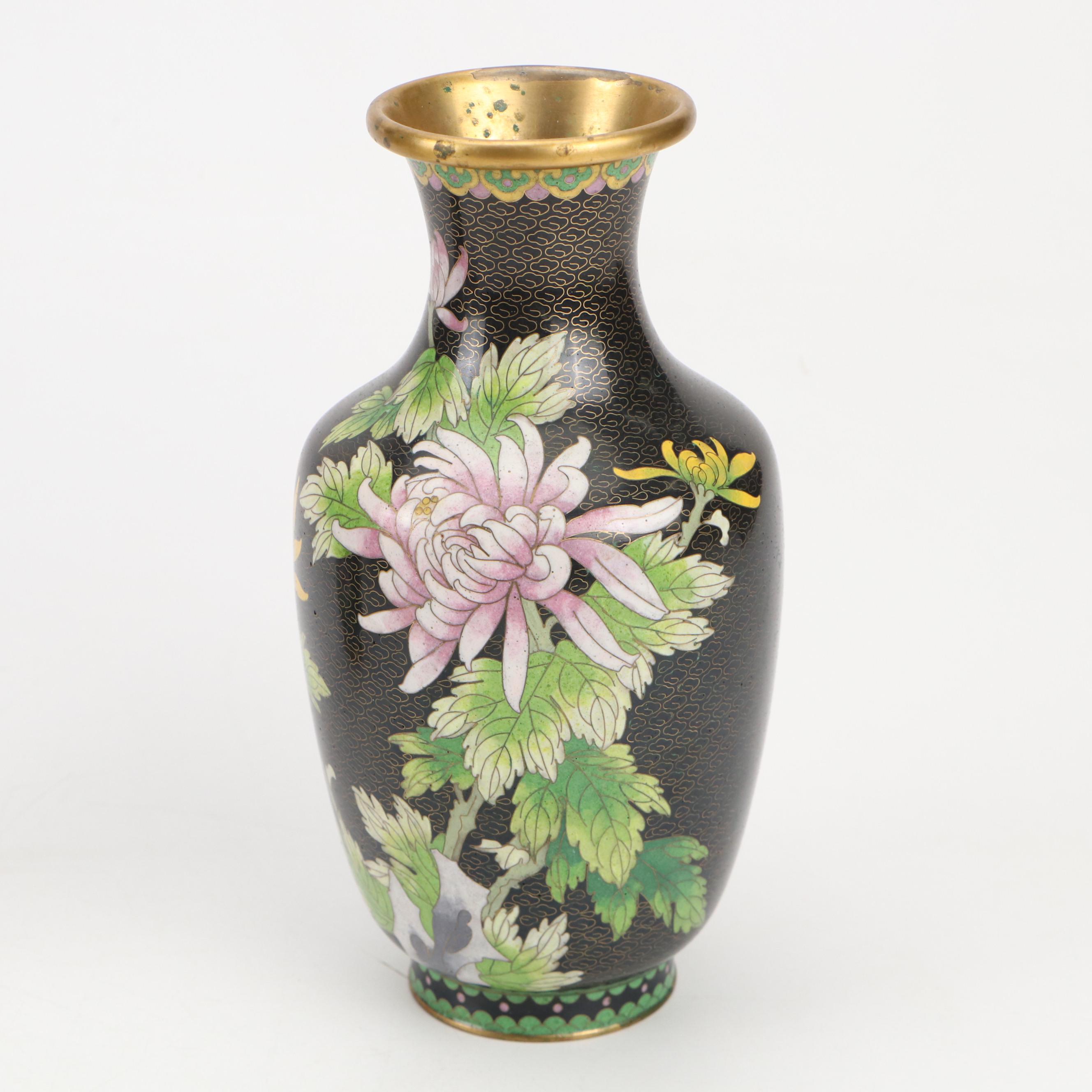 Pair of Chinese Cloisonné Enamel Vases and Bowl with Chrysanthemum Motif