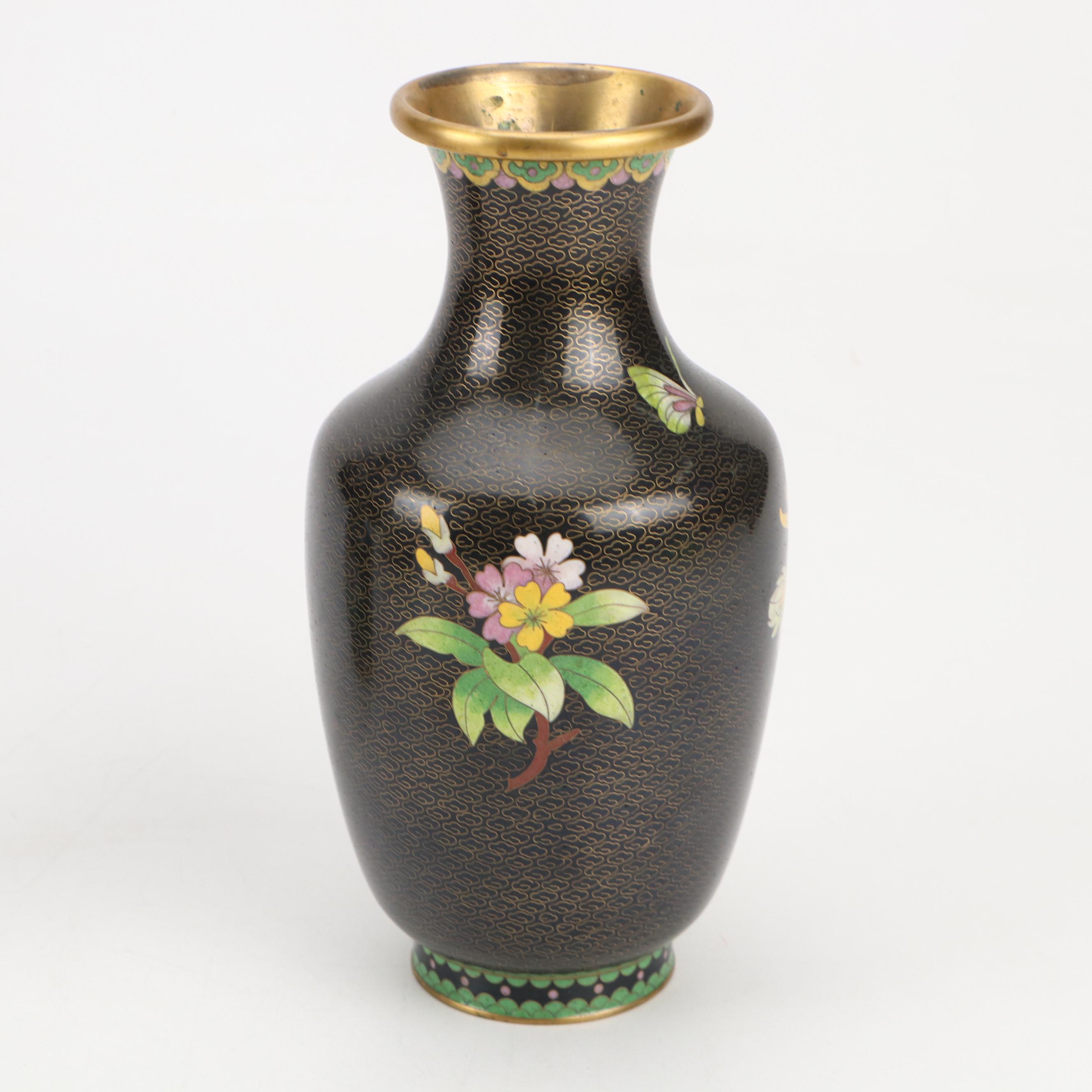 Pair of Chinese Cloisonné Enamel Vases and Bowl with Chrysanthemum Motif