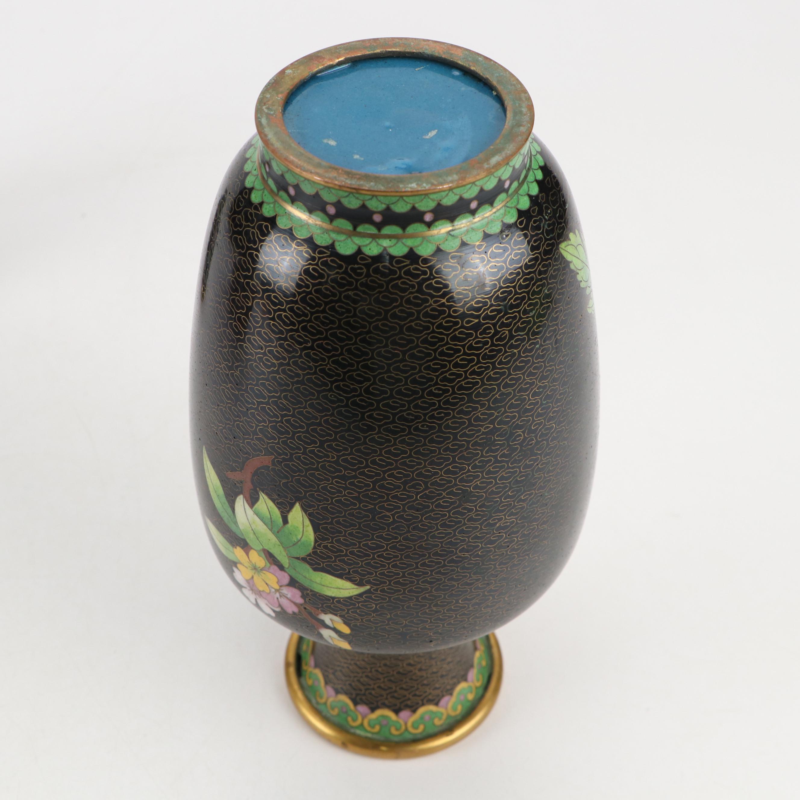 Pair of Chinese Cloisonné Enamel Vases and Bowl with Chrysanthemum Motif