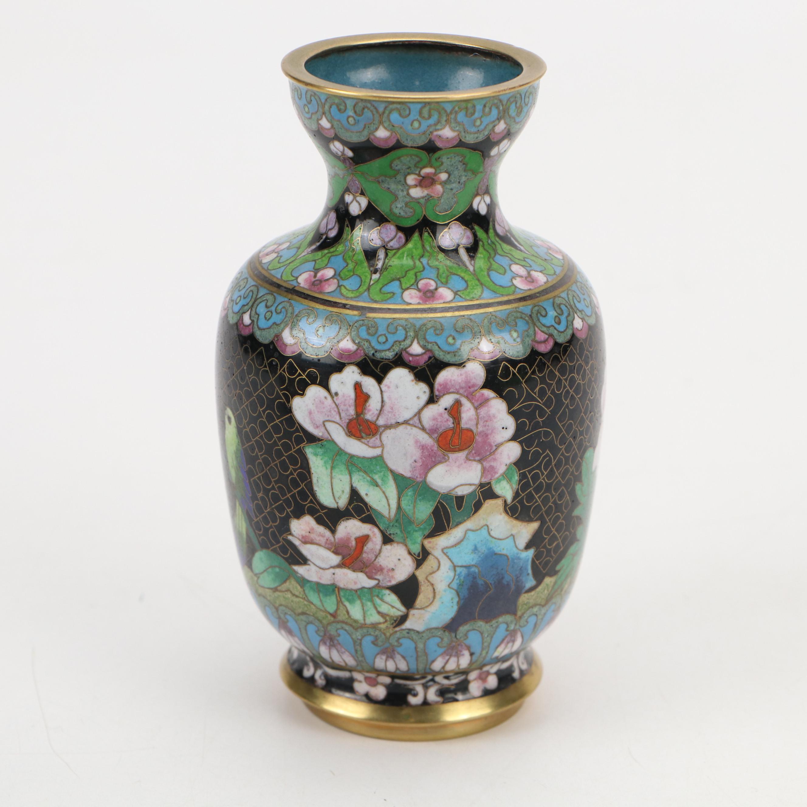 Pair of Chinese Cloisonné Enamel Vases and Bowl with Chrysanthemum Motif