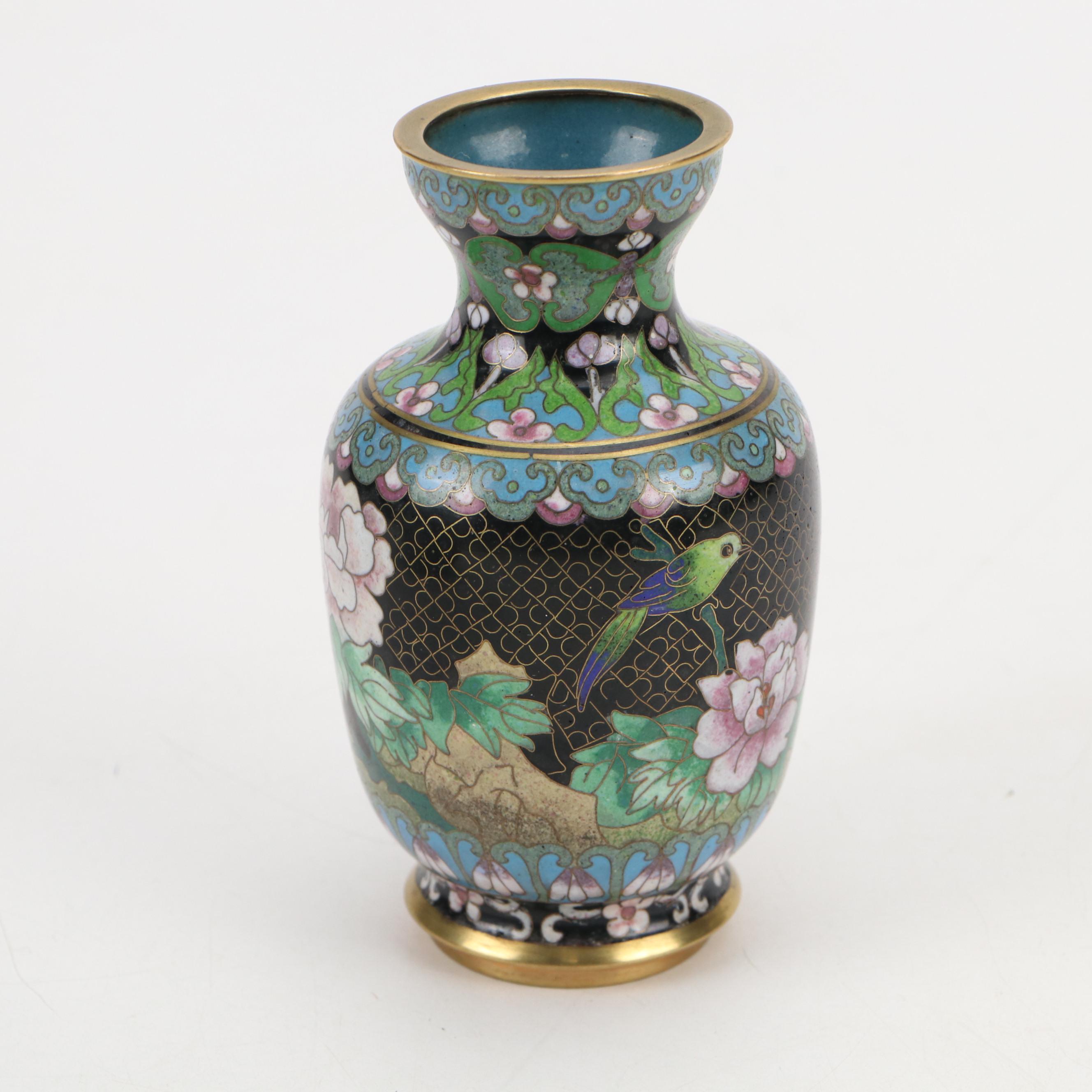 Pair of Chinese Cloisonné Enamel Vases and Bowl with Chrysanthemum Motif