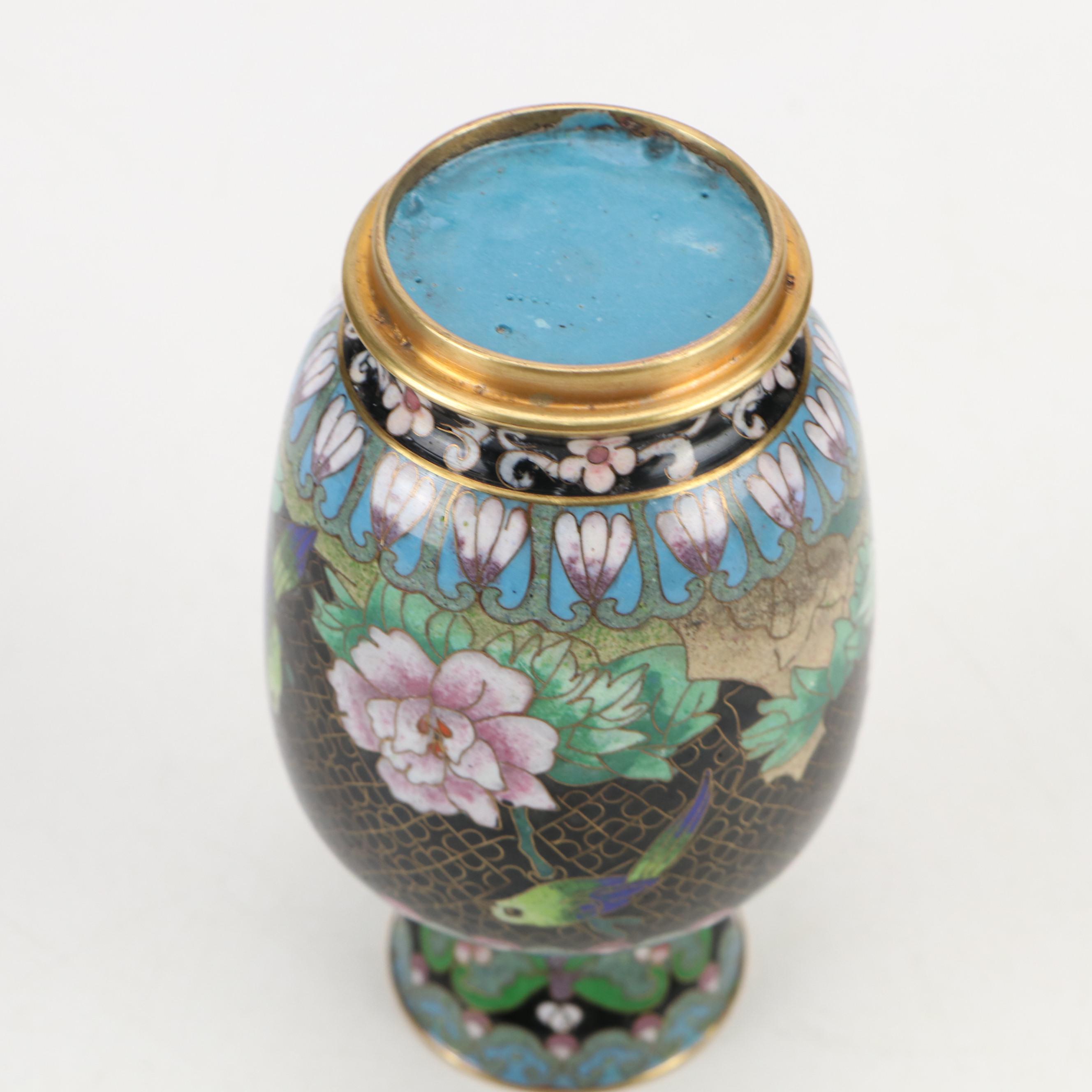 Pair of Chinese Cloisonné Enamel Vases and Bowl with Chrysanthemum Motif