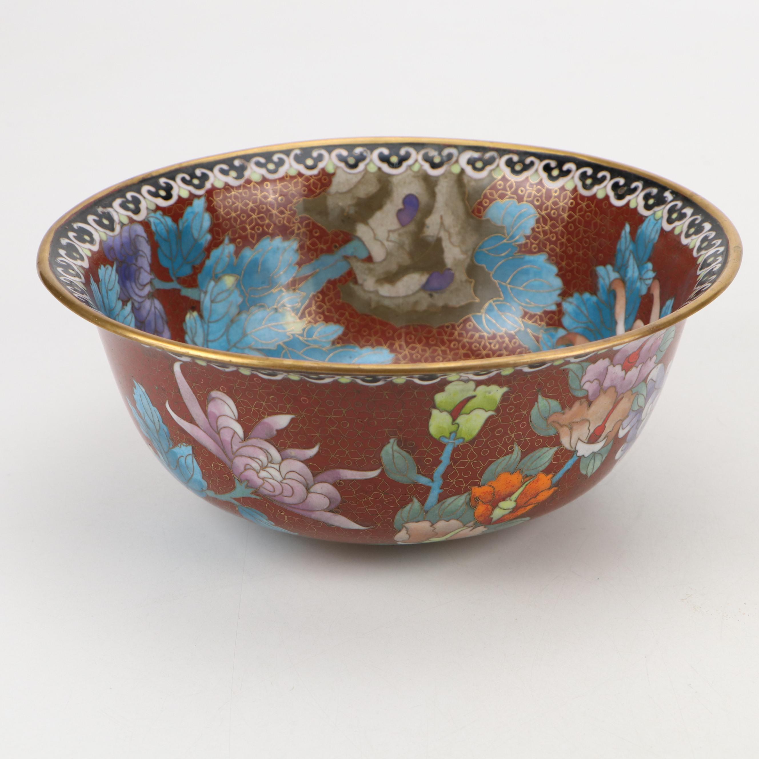 Pair of Chinese Cloisonné Enamel Vases and Bowl with Chrysanthemum Motif